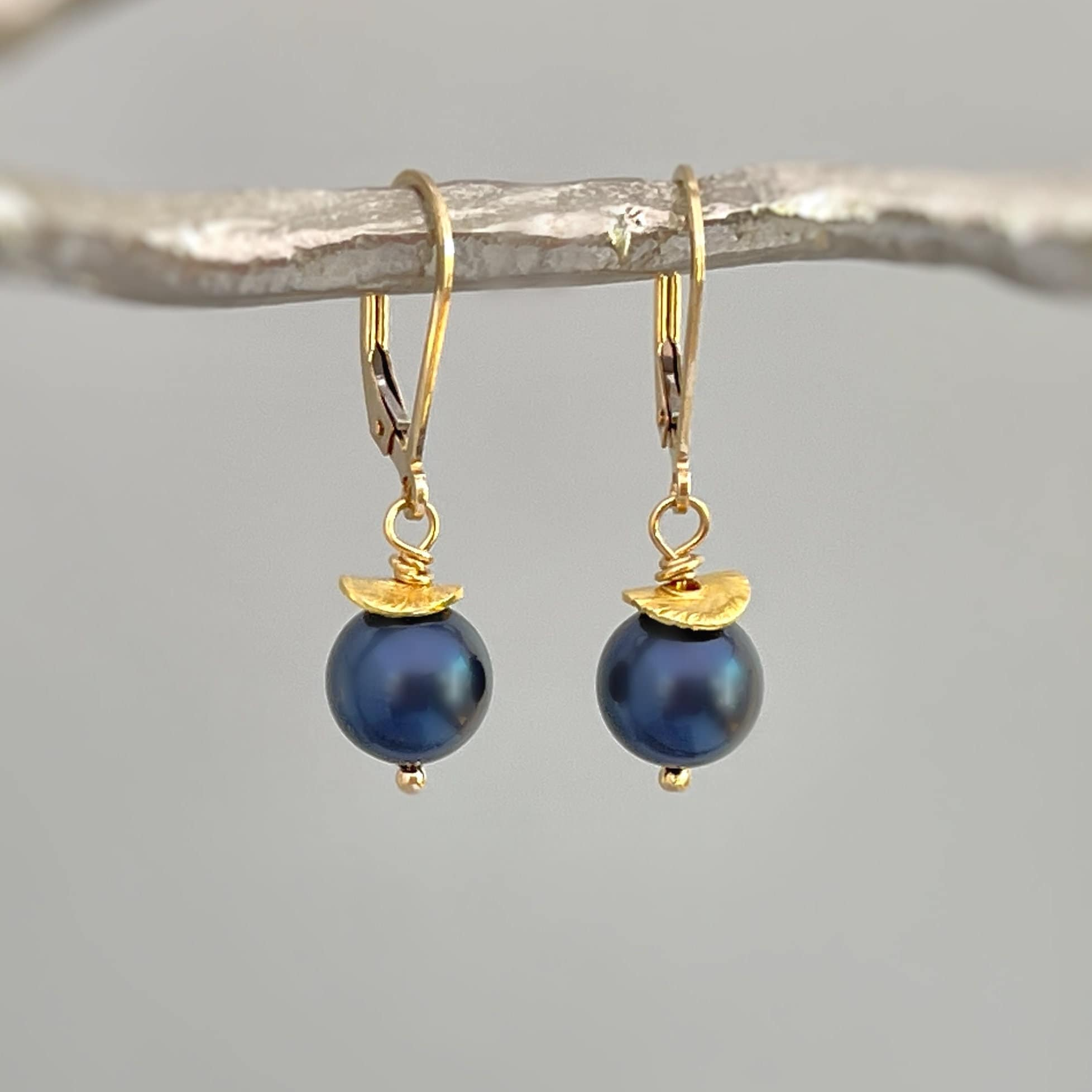 Blue Pearl Earrings dangle 14k Gold, Sterling Silver minimalist modern