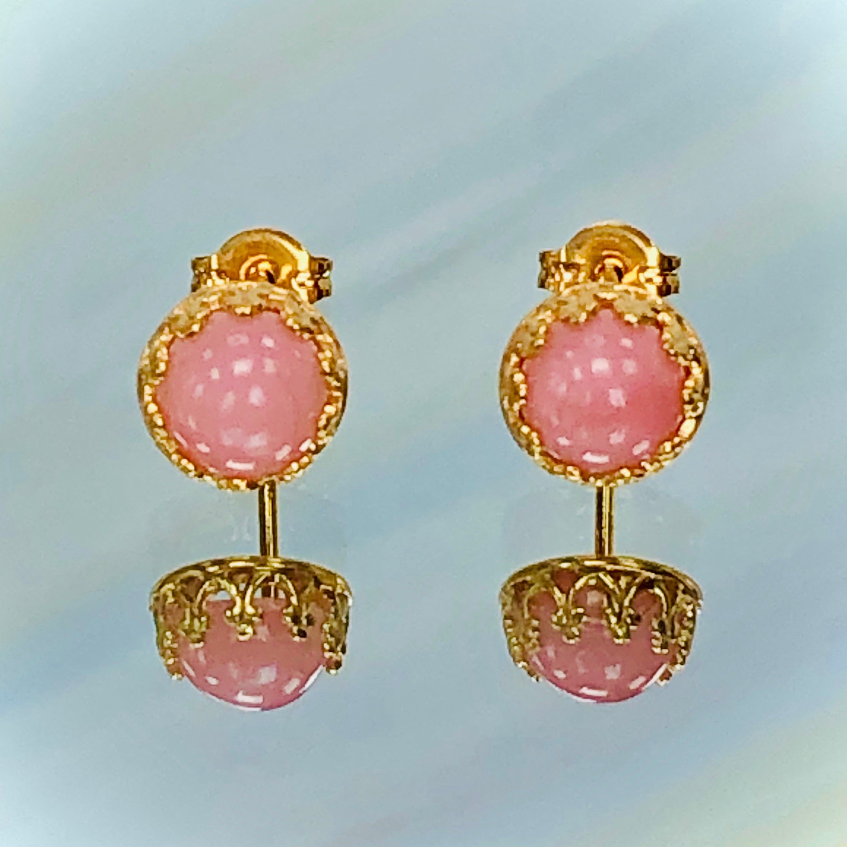 Pink Opal Stud Earrings, Dainty Pink Opal 22k Gold Post earrings, arti