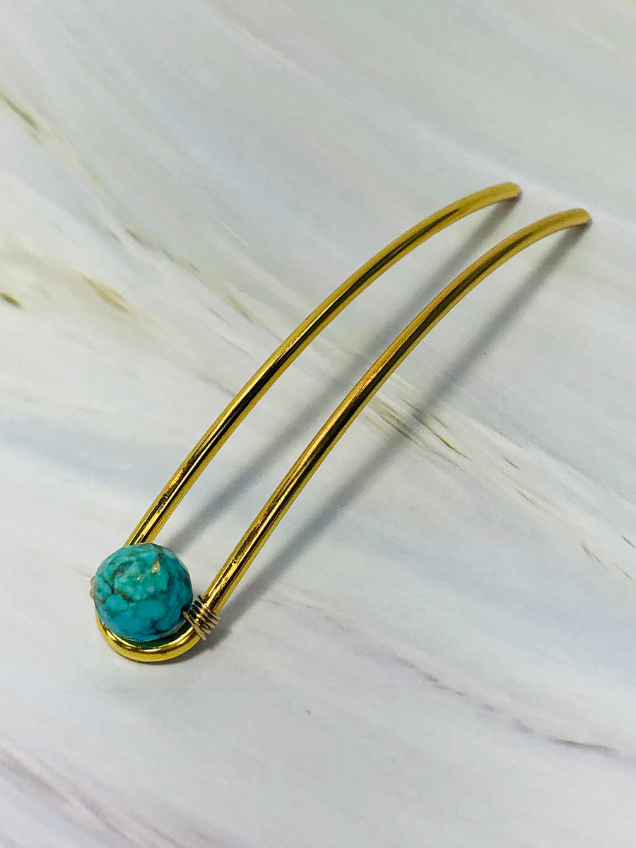 Large Campitos Turquoise Hair Gem Pin in Handcrafted Sterling