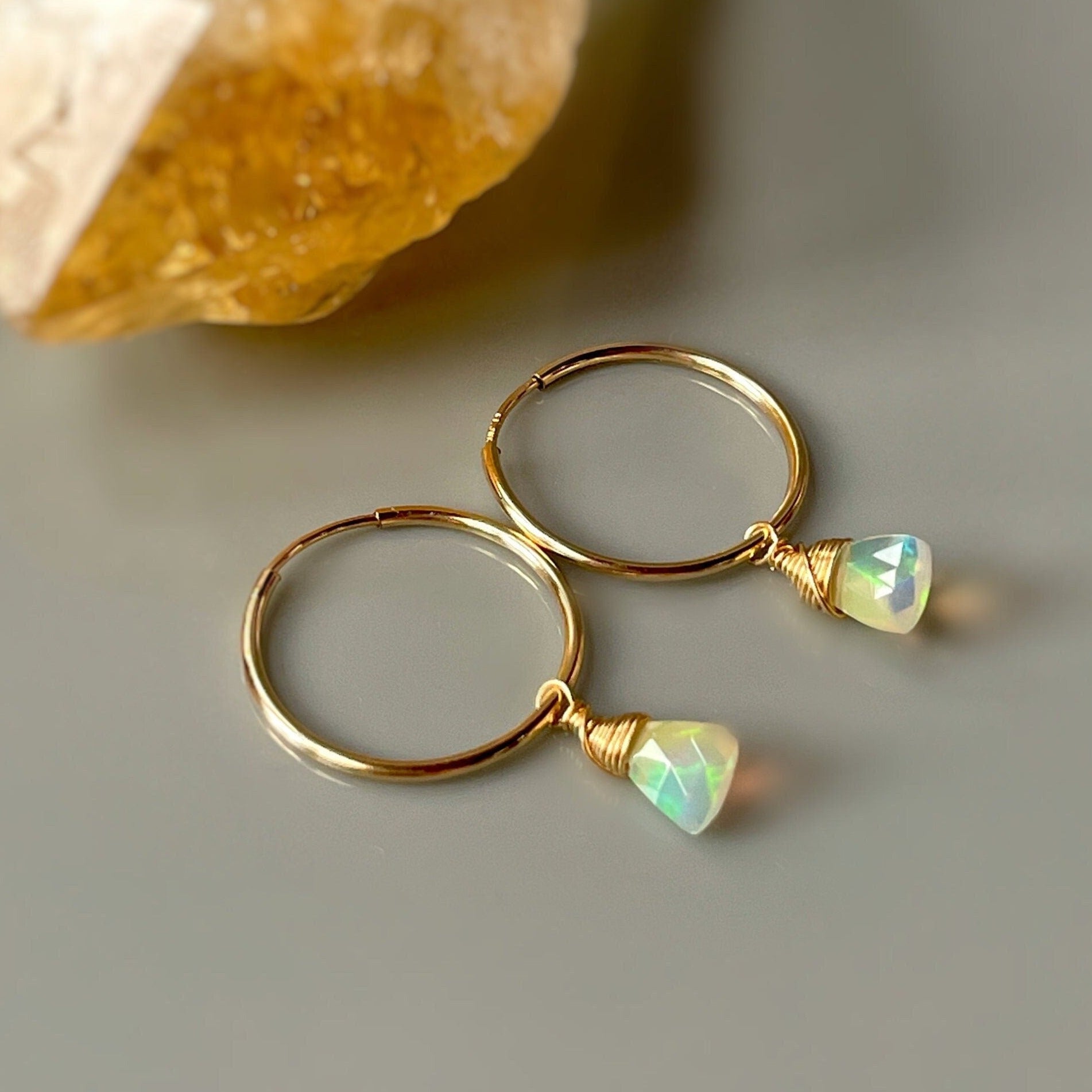 Gold Opal Hoop earrings 14k Gold Fill Dangly1