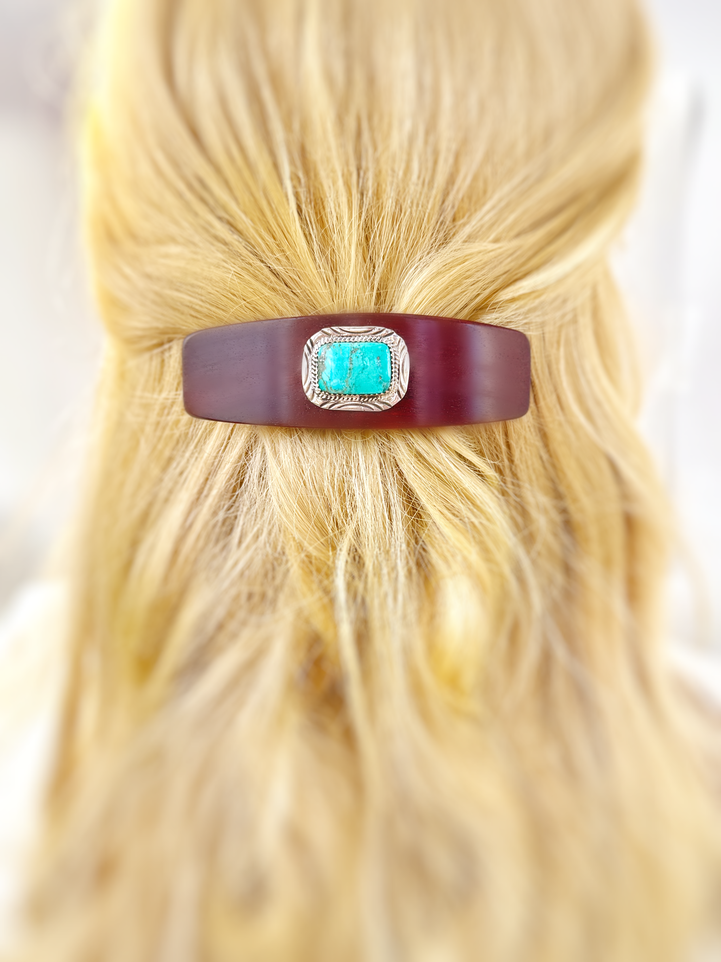 Bloodwood Genuine Turquoise Sterling Silver Gemstone Barrette Large Southwestern Hair Clip