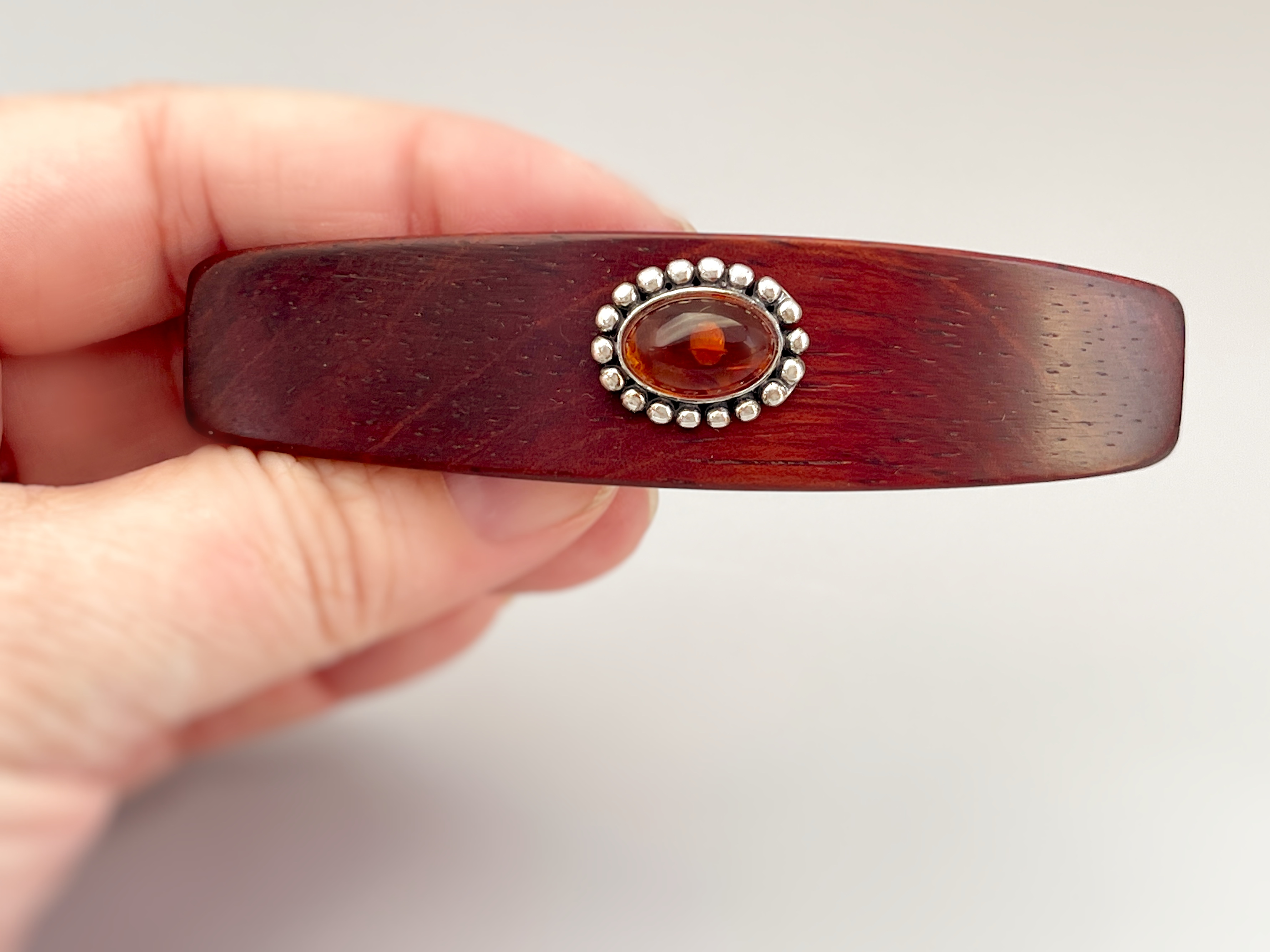 Genuine Baltic Amber and Sterling Silver Gemstone Barrette Borneo rosewood Medium