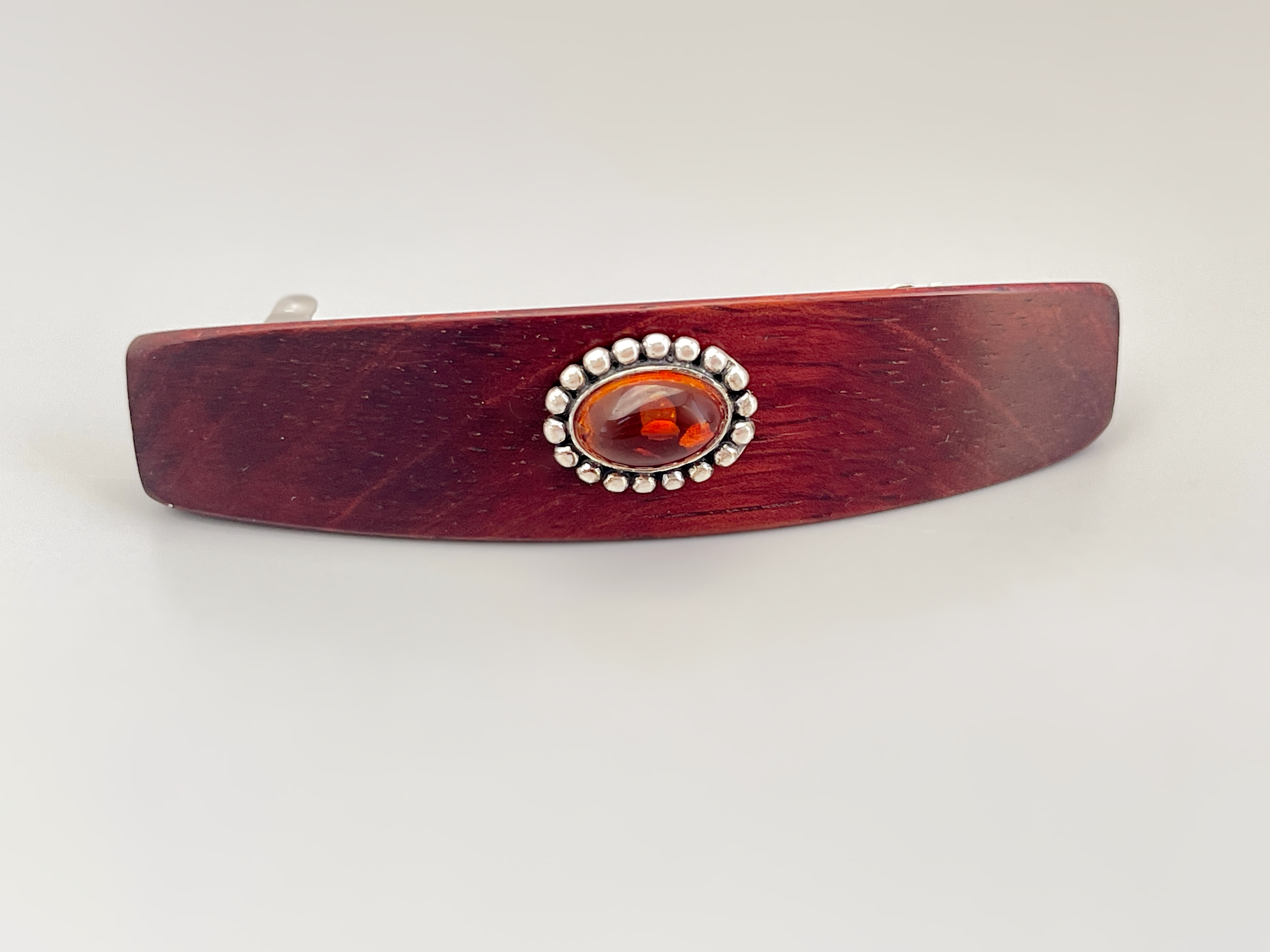 Genuine Baltic Amber and Sterling Silver Gemstone Barrette Borneo rosewood Medium