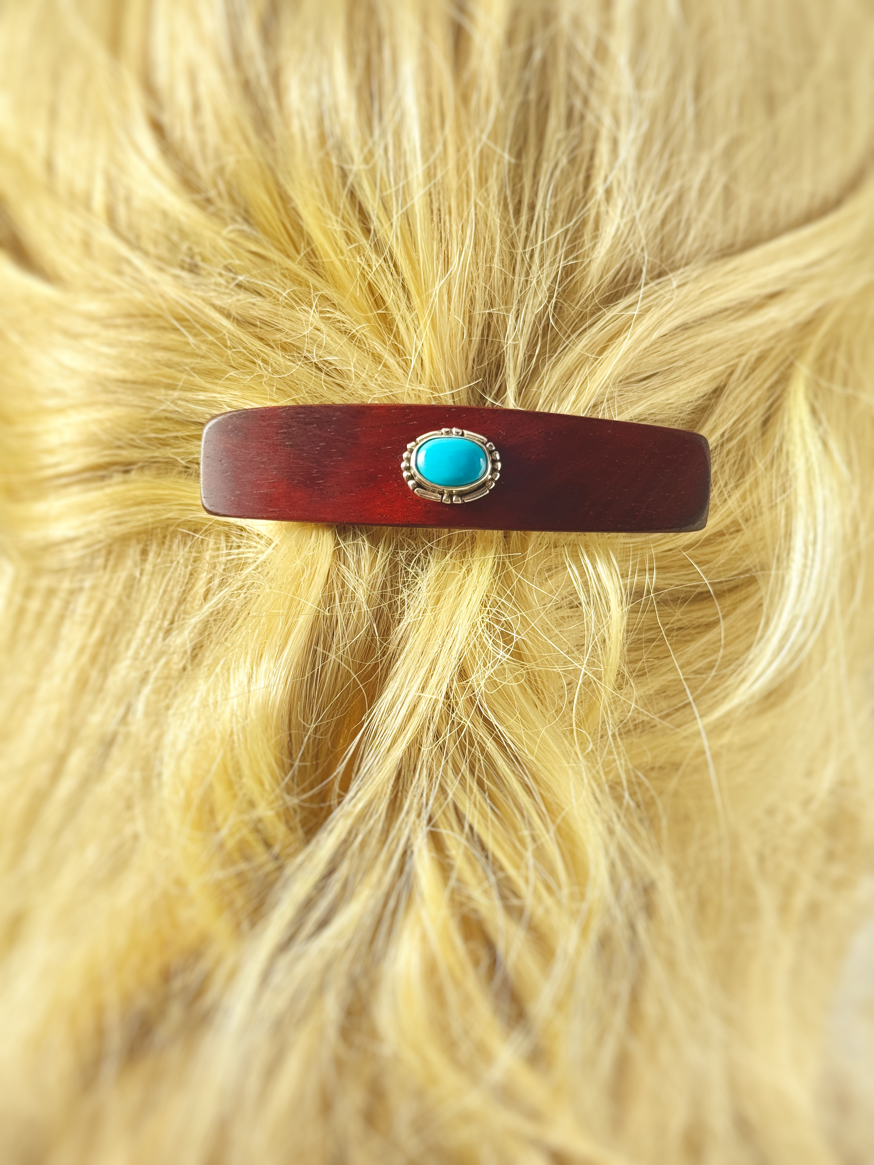 Sterling Silver and Turquoise Gemstone Barrette Borneo rosewood medium clip