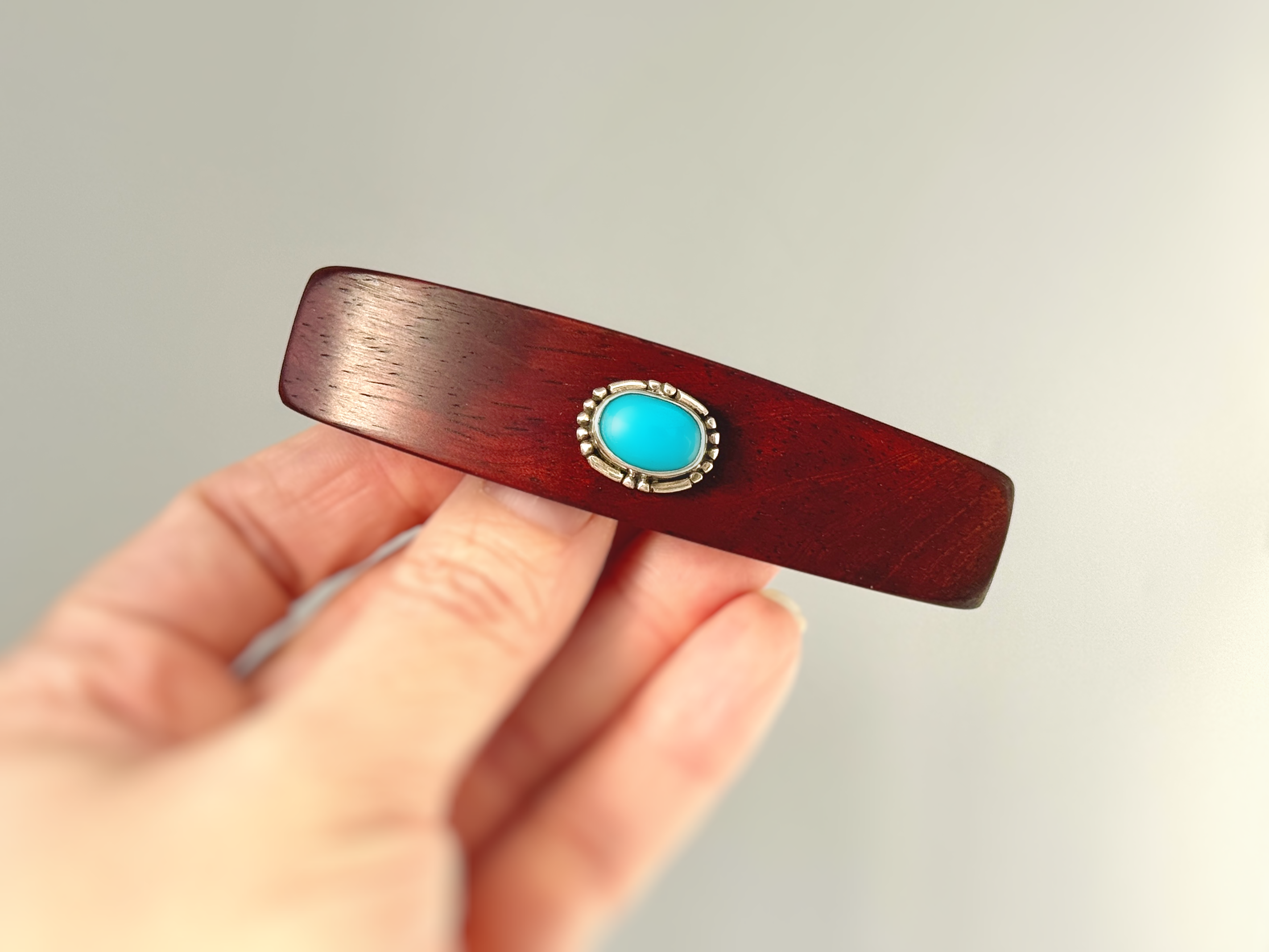 Sterling Silver and Turquoise Gemstone Barrette Borneo rosewood medium clip