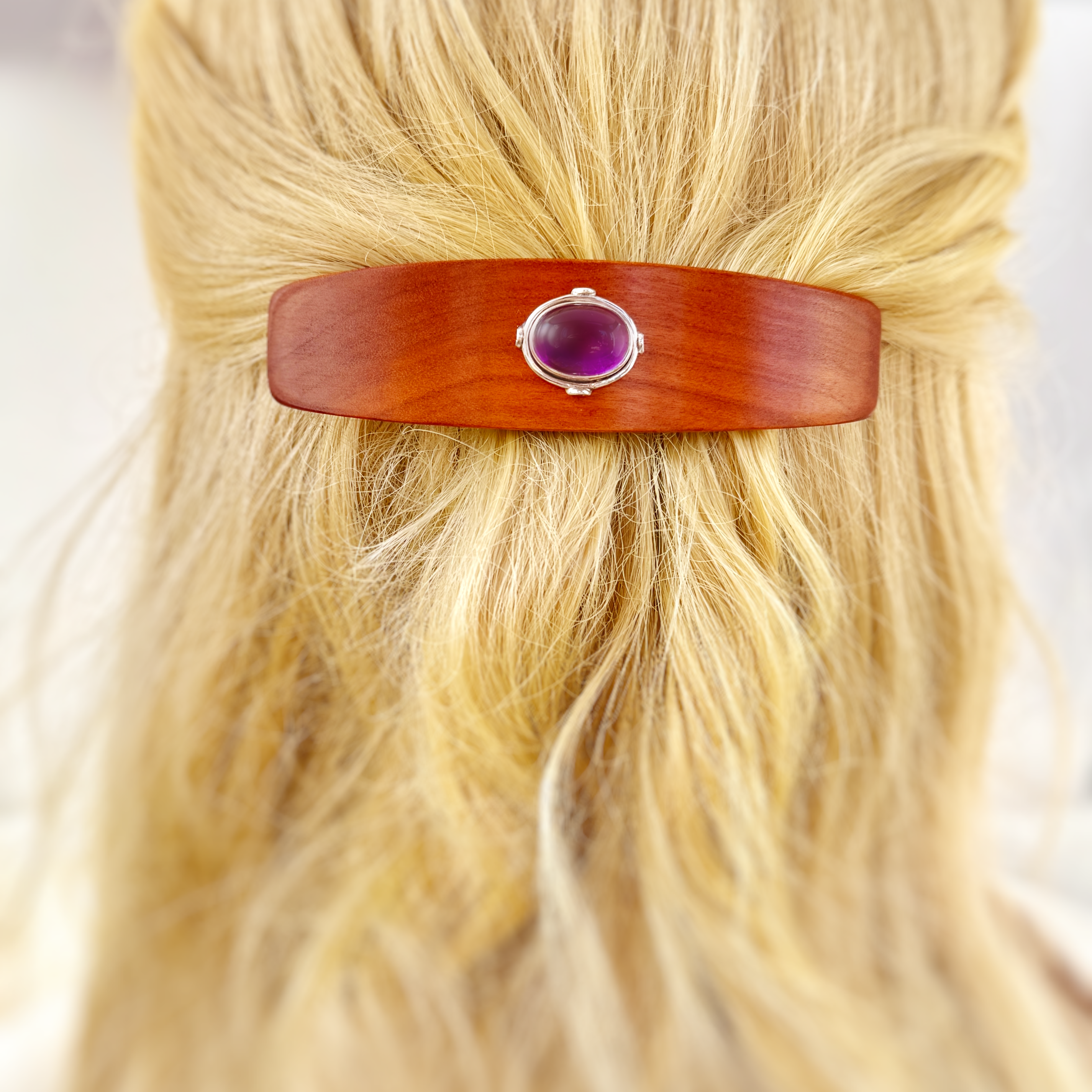 Amethyst Silver Gemstone Barrette Cherry wood hair clip XL