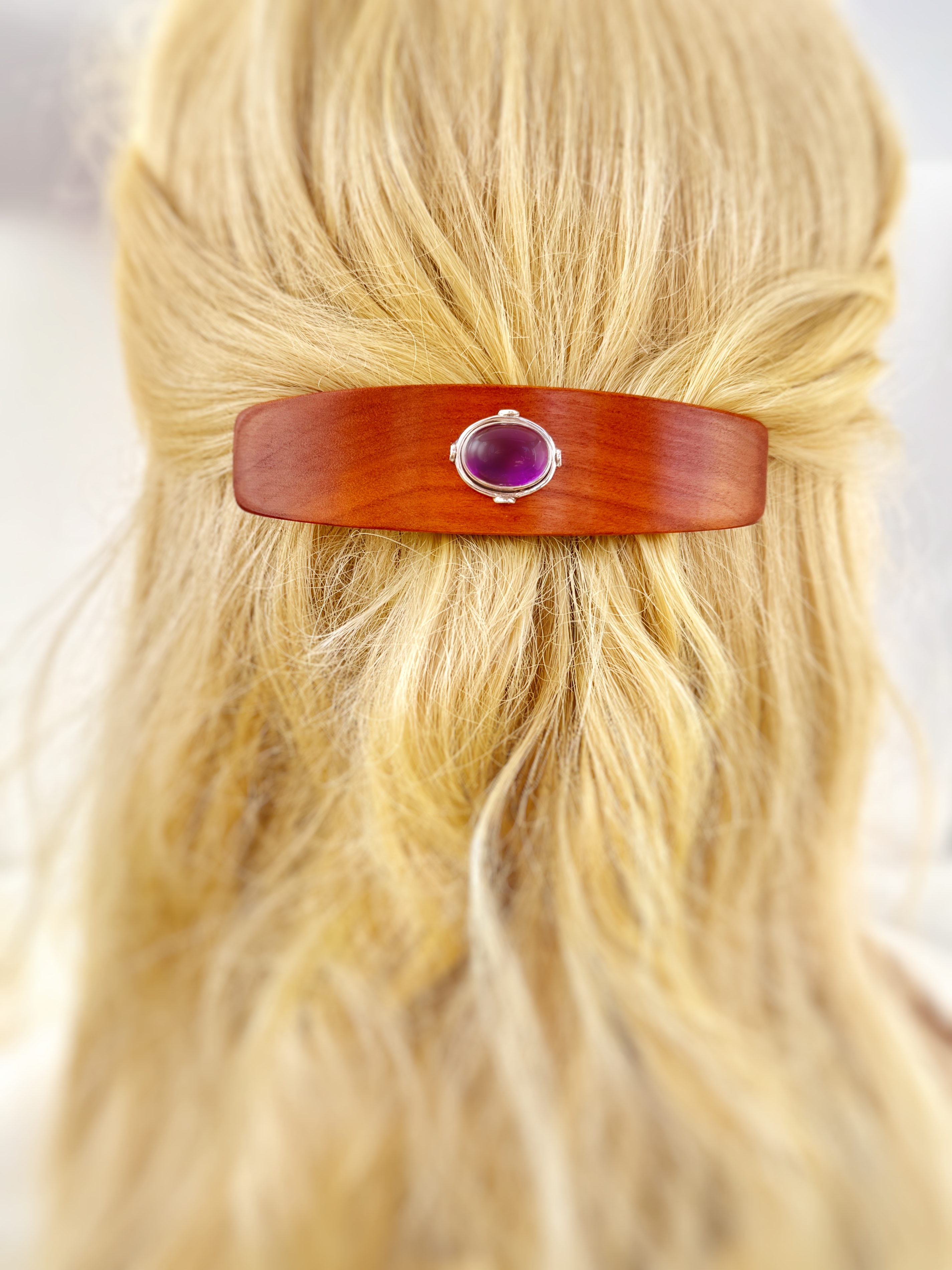 Amethyst Silver Gemstone Barrette Cherry wood hair clip XL