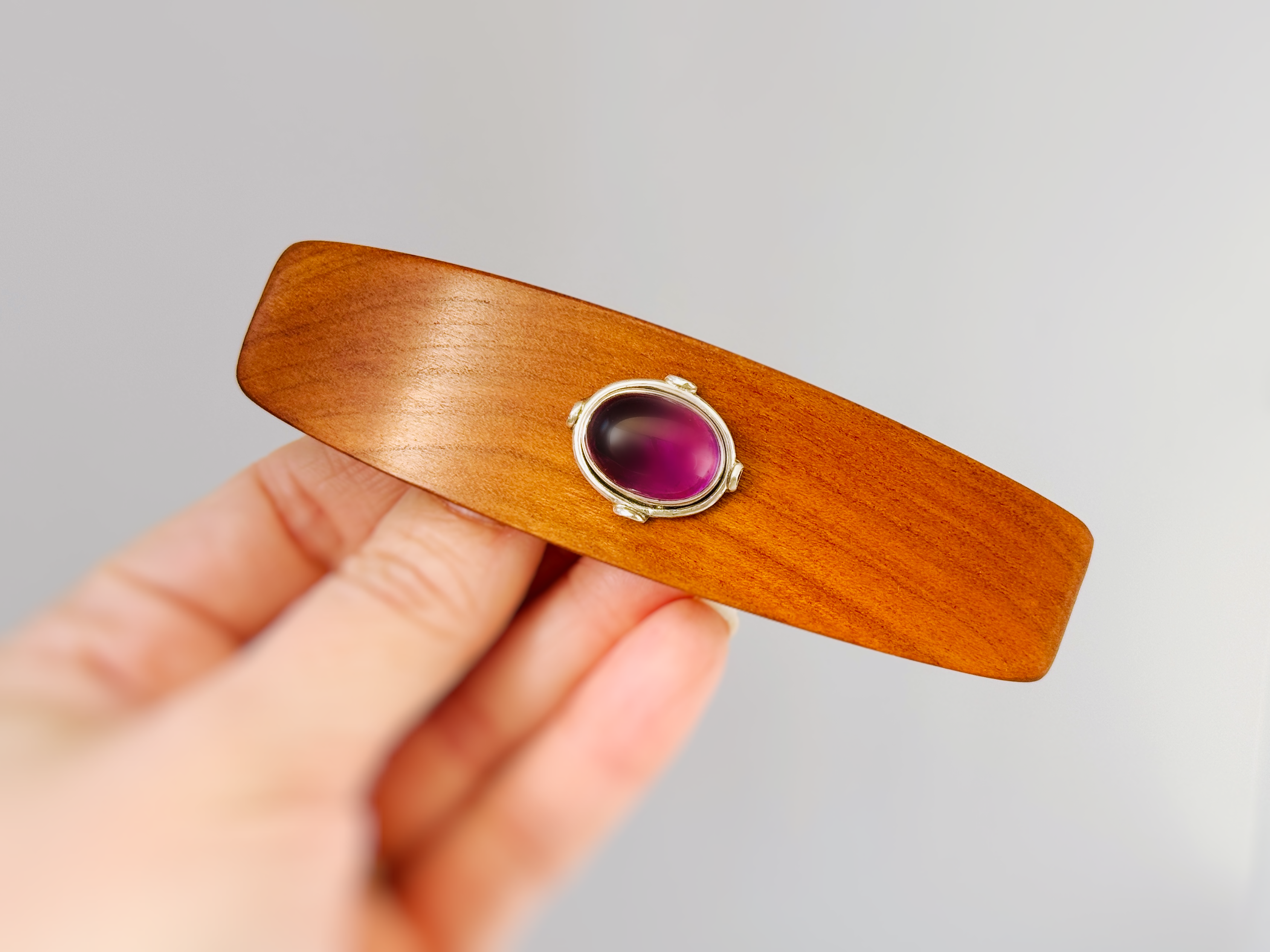 Amethyst Silver Gemstone Barrette Cherry wood hair clip XL