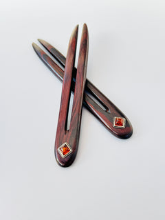Cocobolo Rosewood Baltic Amber Sterling Silver Wood and Gemstone Hair pins