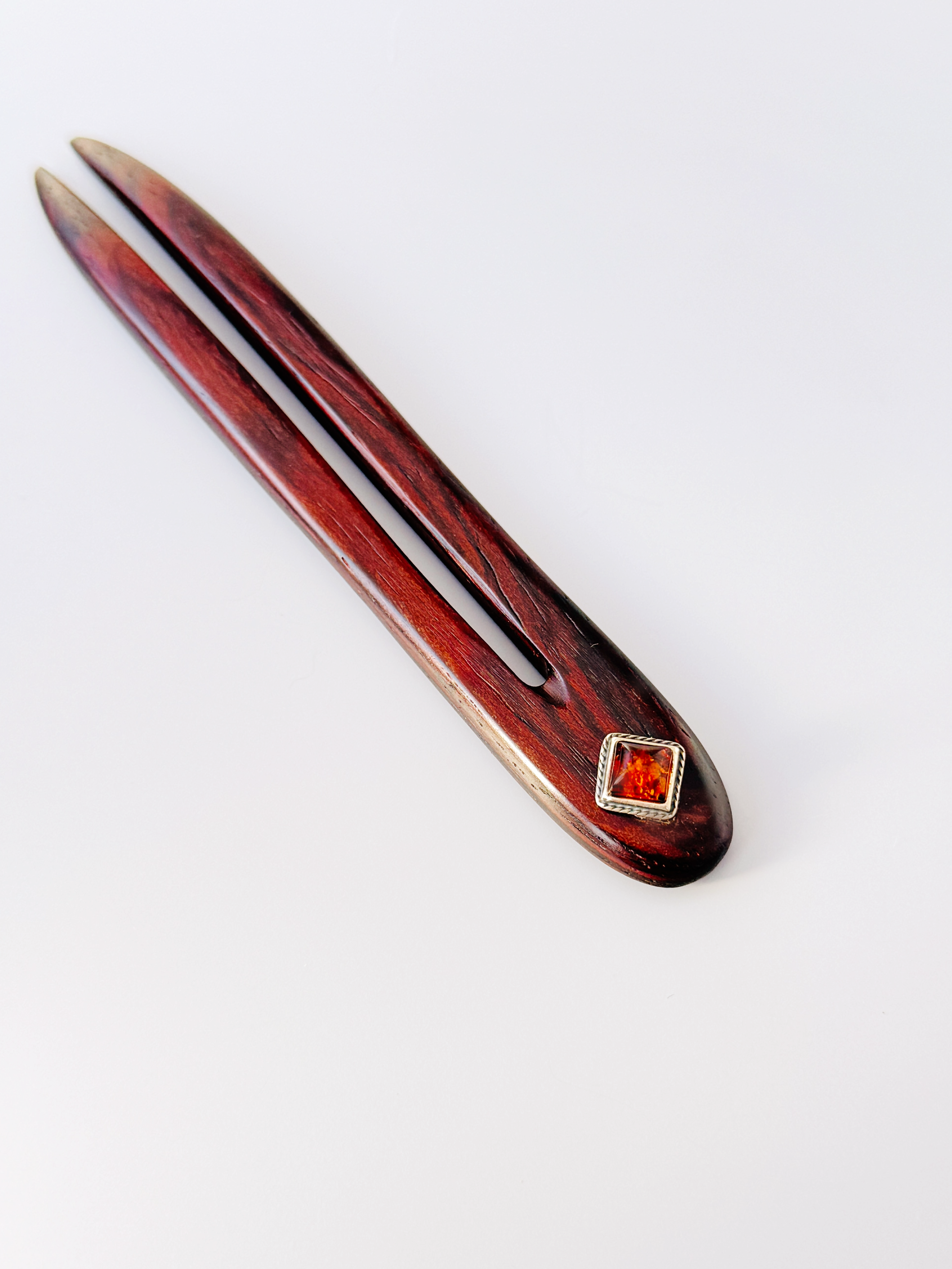 Cocobolo Rosewood Baltic Amber Sterling Silver Wood and Gemstone Hair pins