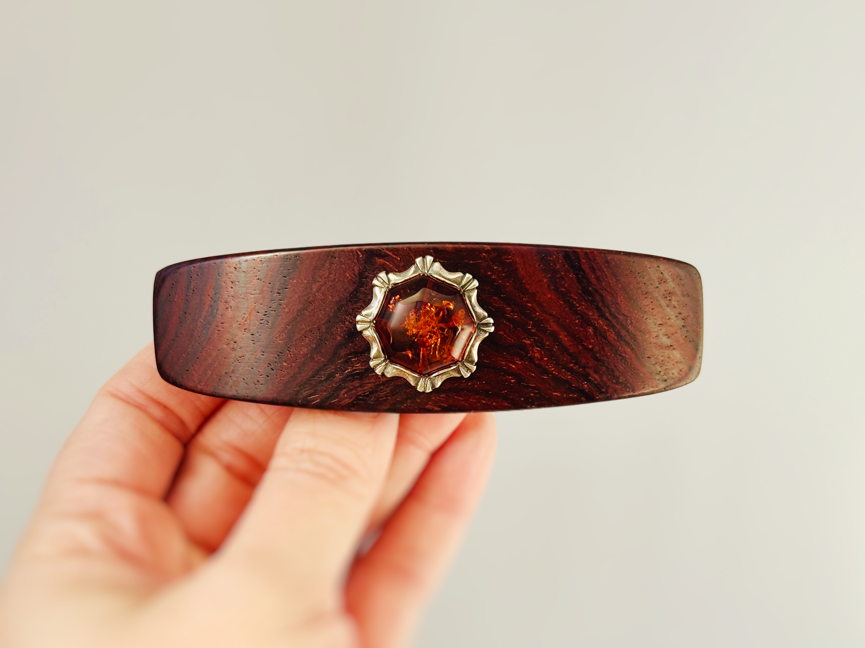 Genuine Baltic Amber Gemstone Barrette, Cocobolo Rosewood luxury hair clip