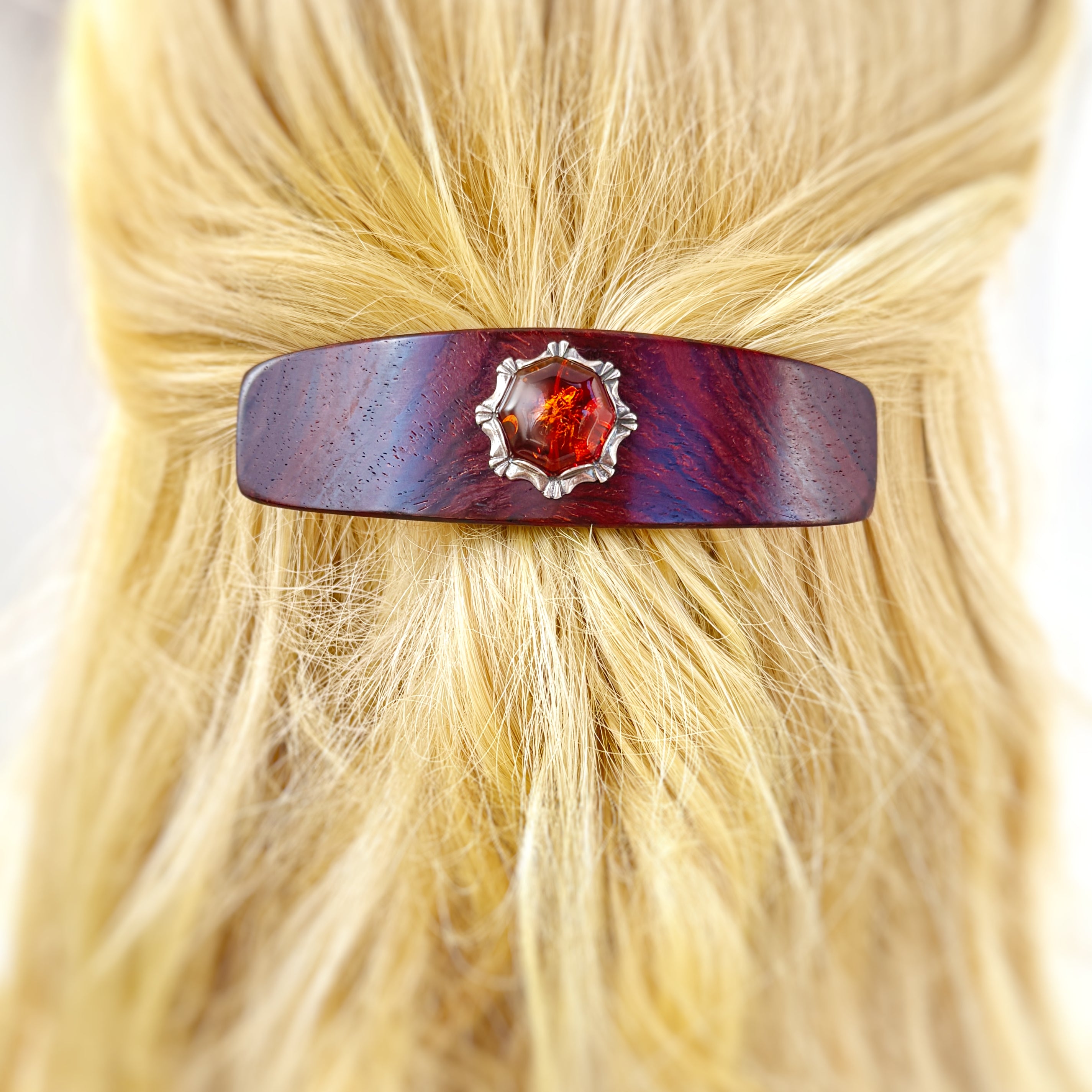 Genuine Baltic Amber Gemstone Barrette, Cocobolo Rosewood luxury hair clip