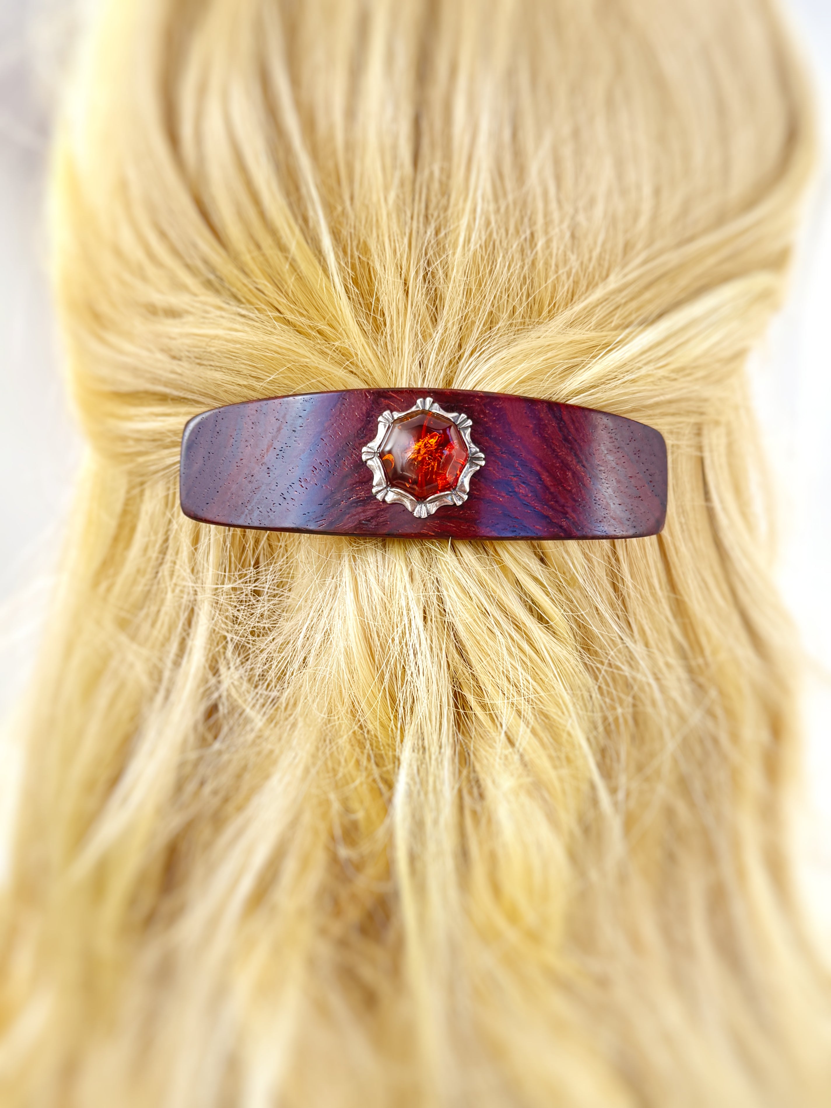 Genuine Baltic Amber Gemstone Barrette, Cocobolo Rosewood luxury hair clip
