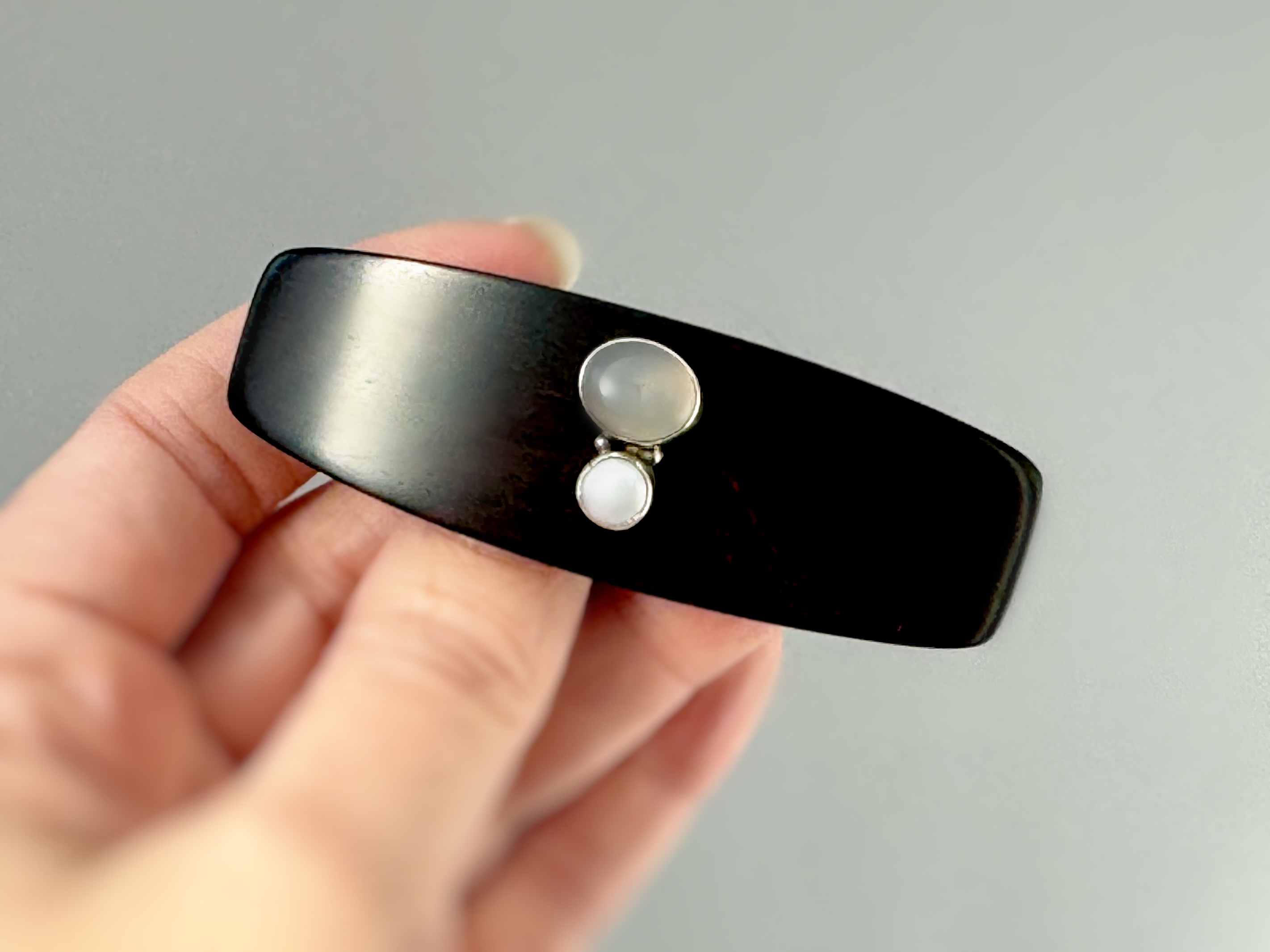 Sterling Silver Ebony Chalcedony and Pearl Gemstone Barrette