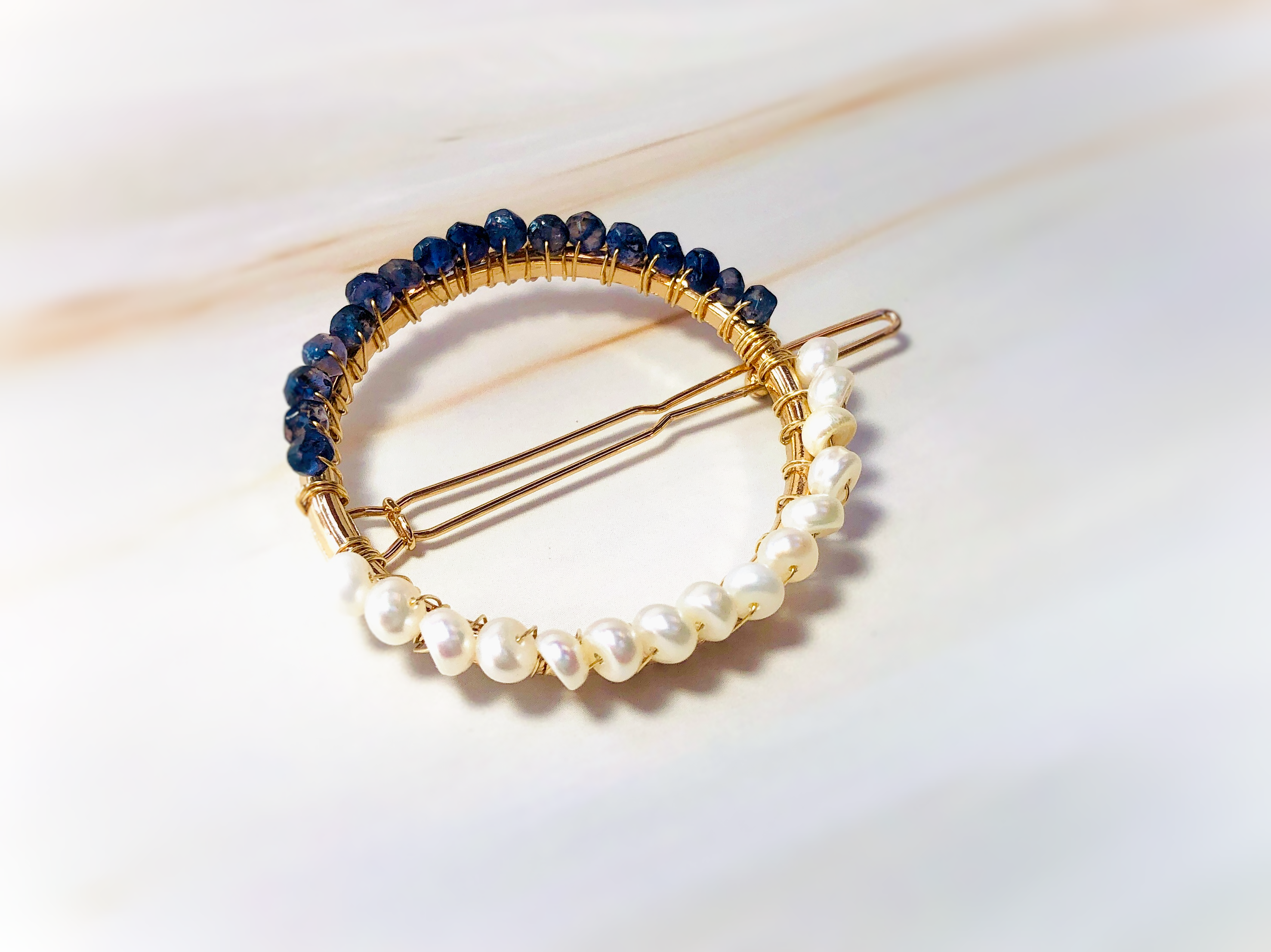 Iolite Pearl Gemstone Barrette Silver Hair Clip