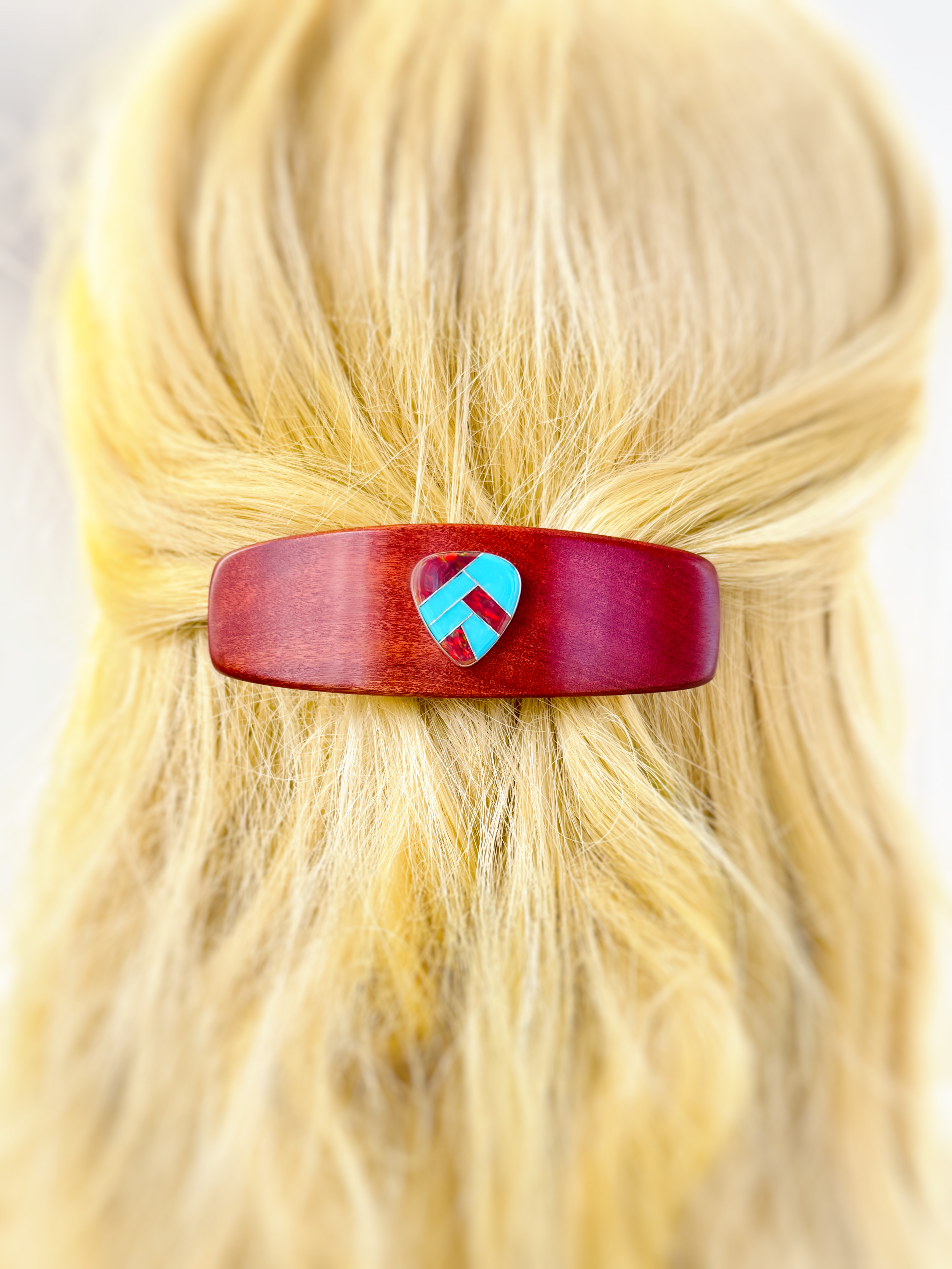 Pink Ivory Sterling Silver Opal and Turquoise Gemstone barrette, luxury hair clip Medium