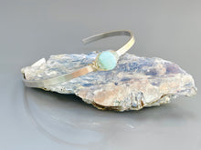 Load image into Gallery viewer, Peruvian Blue Opal gemstone cuff bracelet Matte White Gold and White Topaz