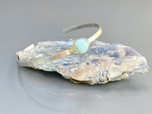 Peruvian Blue Opal gemstone cuff bracelet Matte White Gold and White Topaz