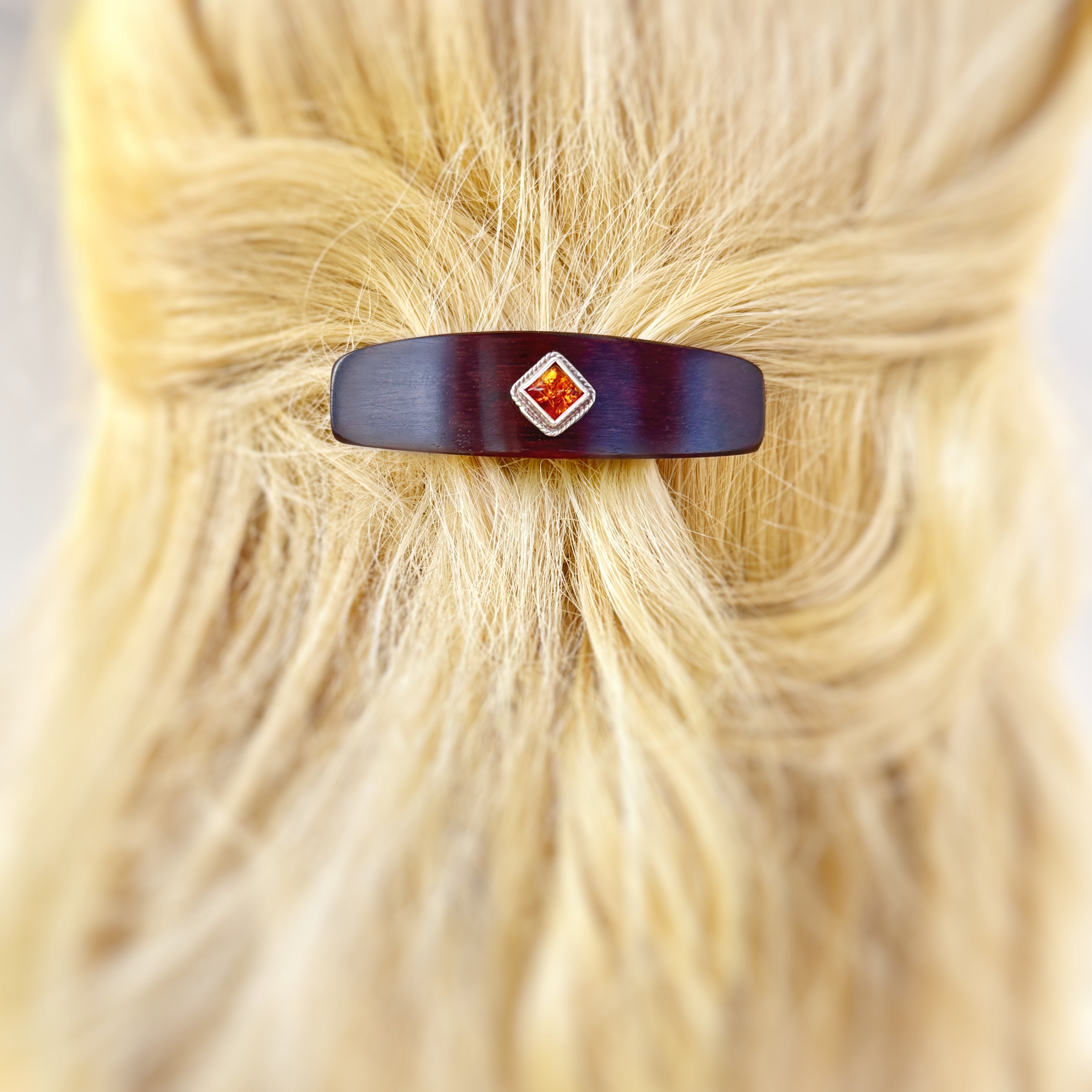 Snakewood Baltic Amber Sterling Silver Small Gemstone Barrette, Elegant Hair Clip