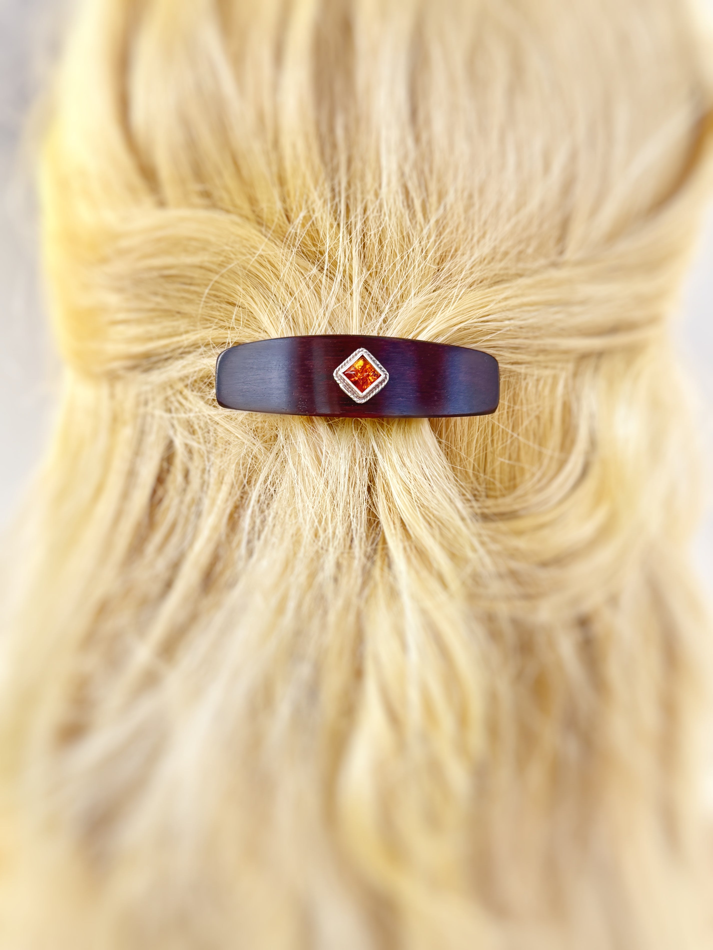Snakewood Baltic Amber Sterling Silver Small Gemstone Barrette, Elegant Hair Clip