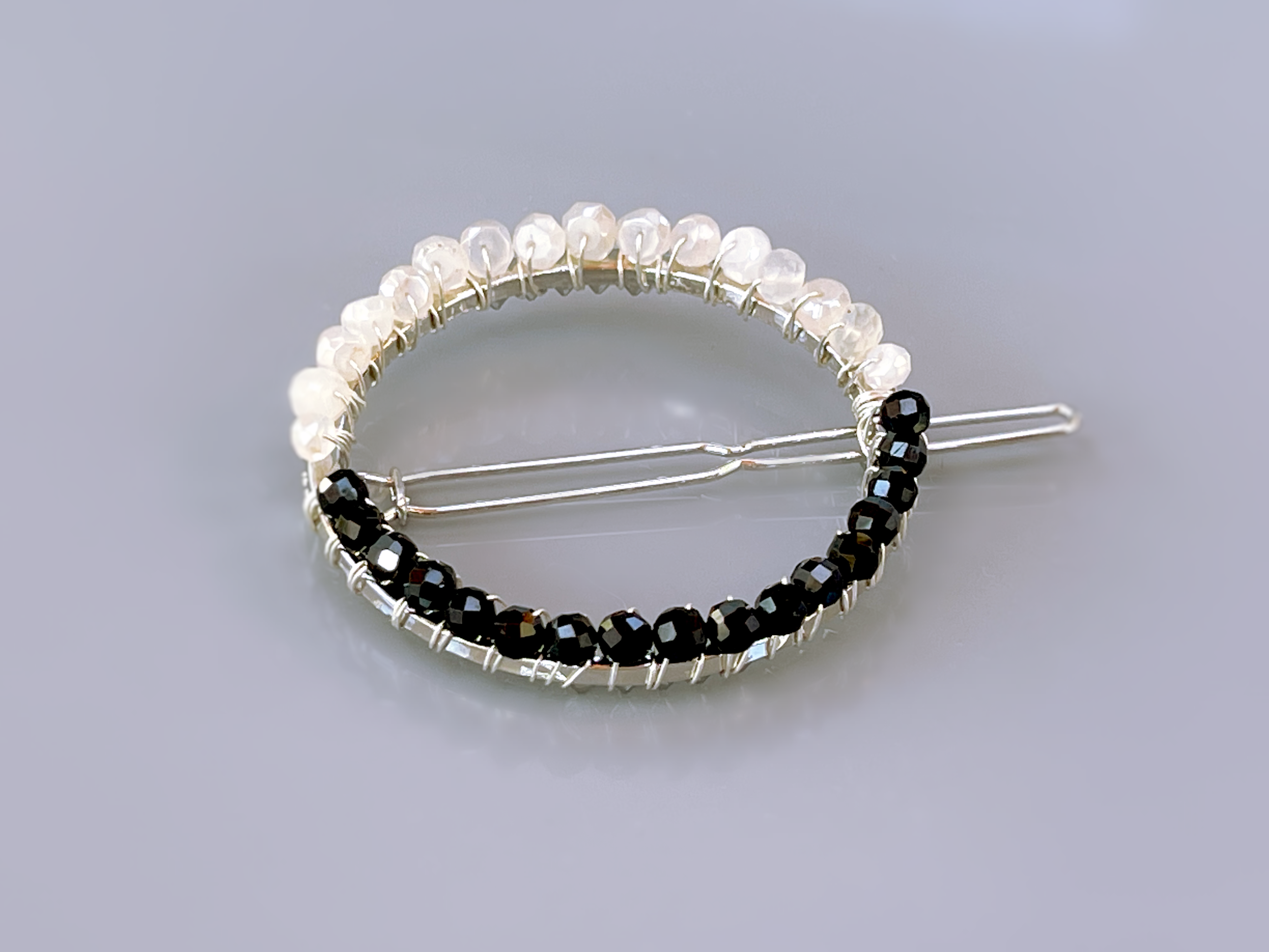 Moonstone and Spinel Gemstone Barrette Silver Hair Clip