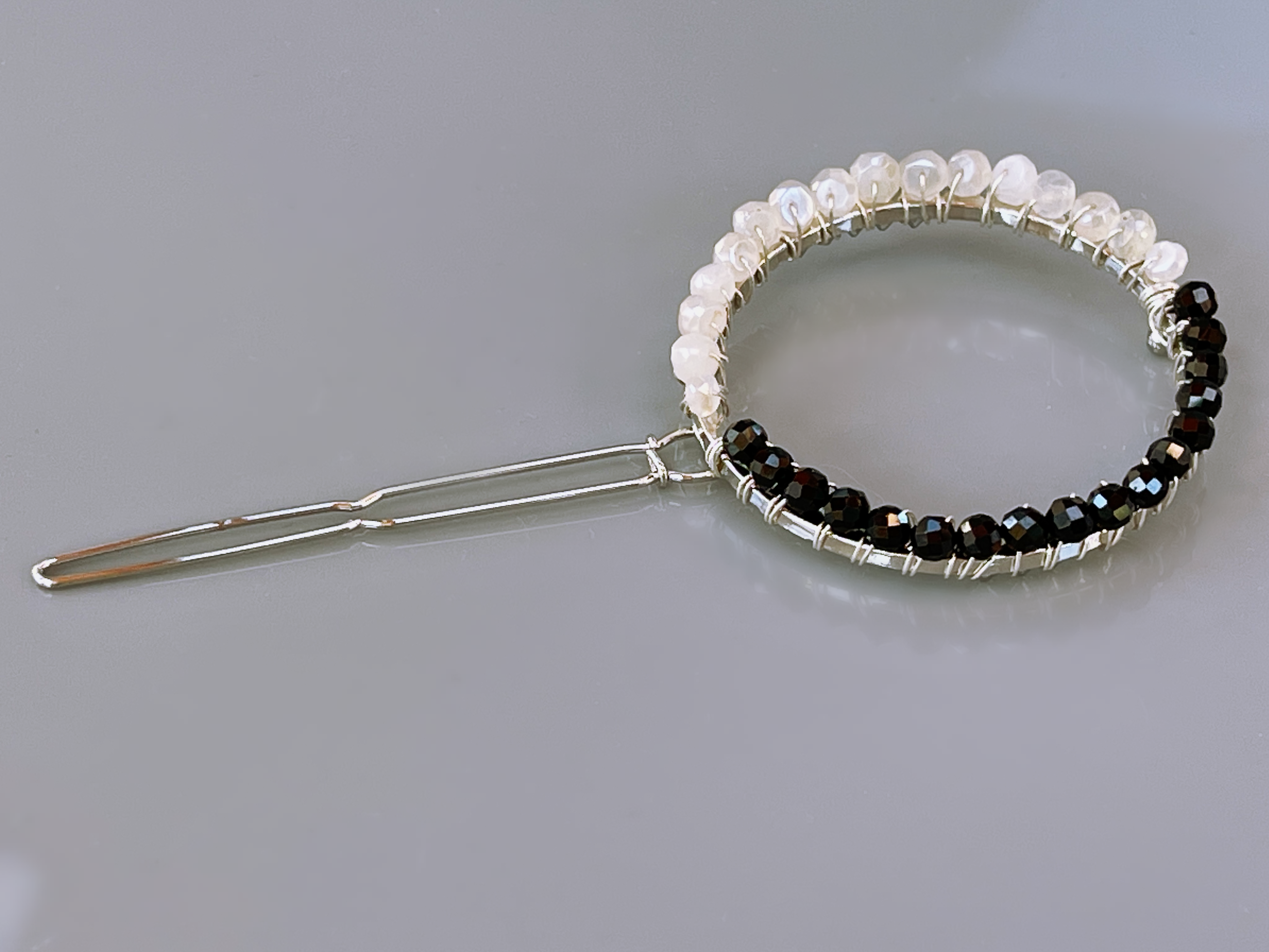 Moonstone and Spinel Gemstone Barrette Silver Hair Clip