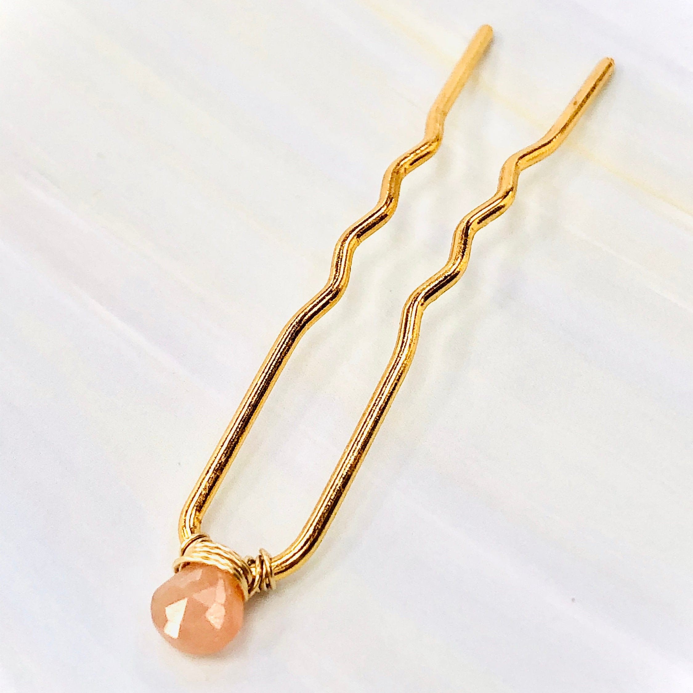 Peach Moonstone Gemstone Hair Pin, Gold Wedding Hair Pin