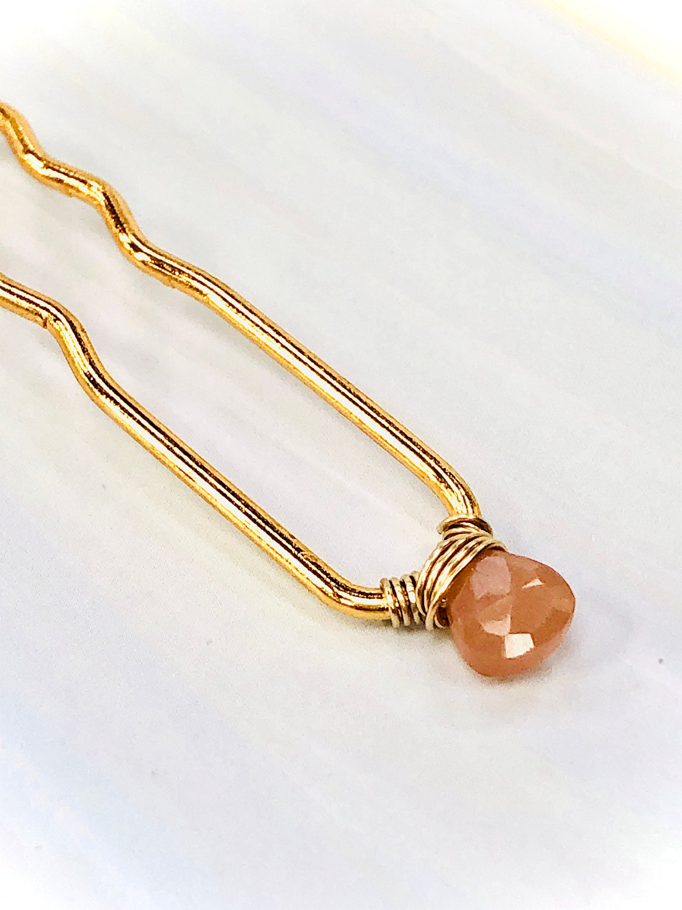 Peach Moonstone Gemstone Hair Pin, Gold Wedding Hair Pin