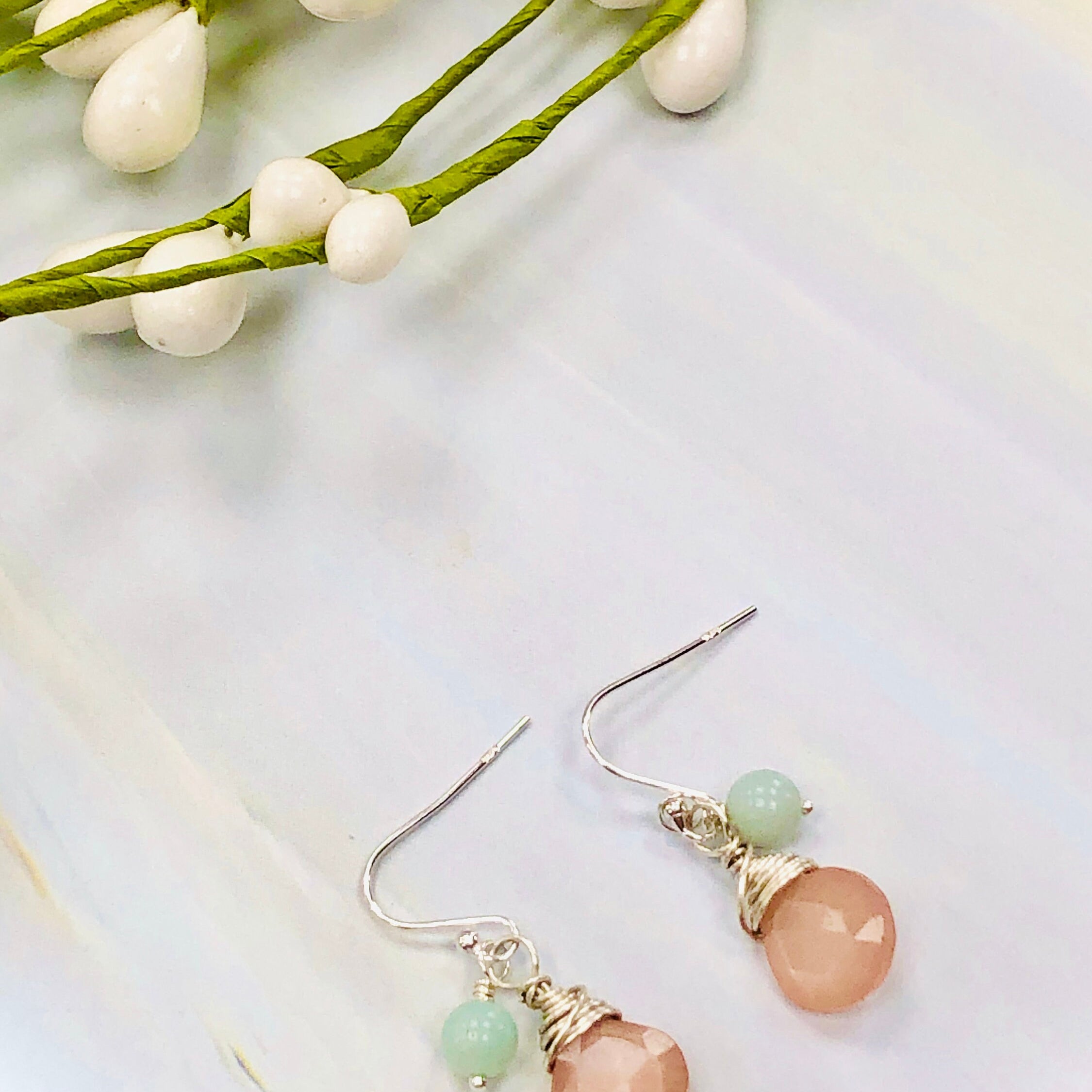 Dainty Peach Moonstone and Peruvian Opal Earrings