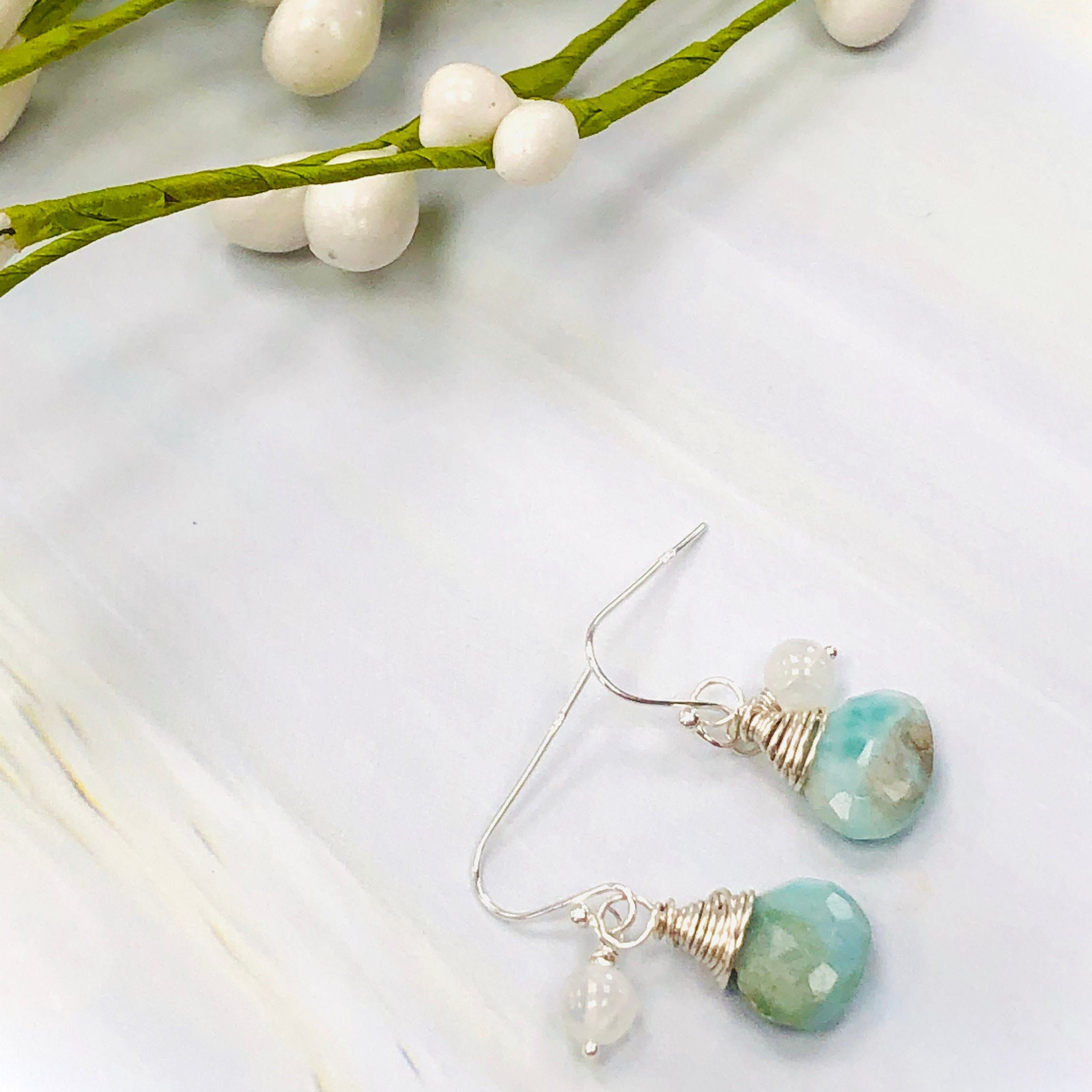 Dainty Handmade Moonstone and Larimar Earrings