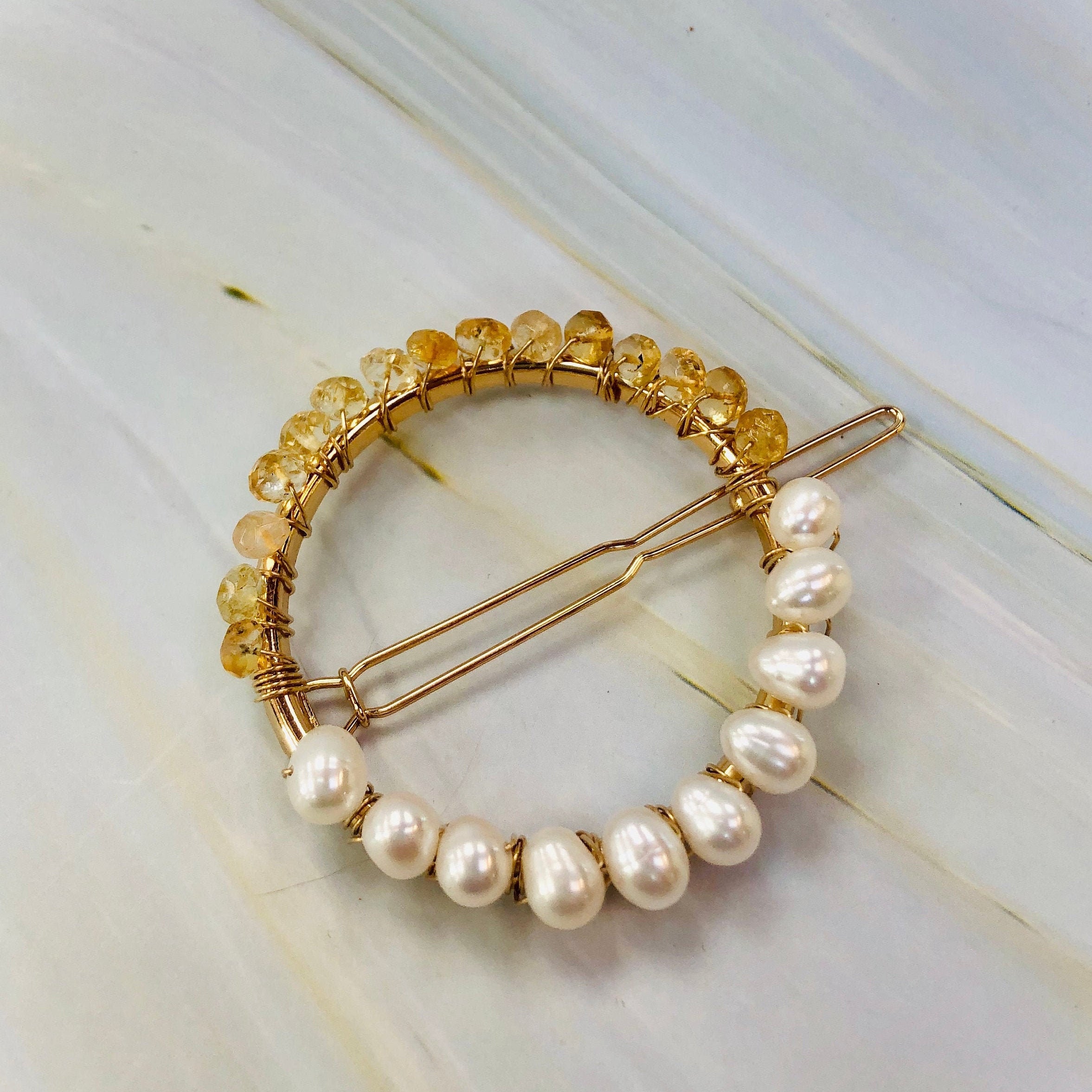 Gemstone and Pearl Hair Clip, 14k Gold Citrine and Pearl barrette, Gold Luxury Barrette, Gemstone Hair clip
