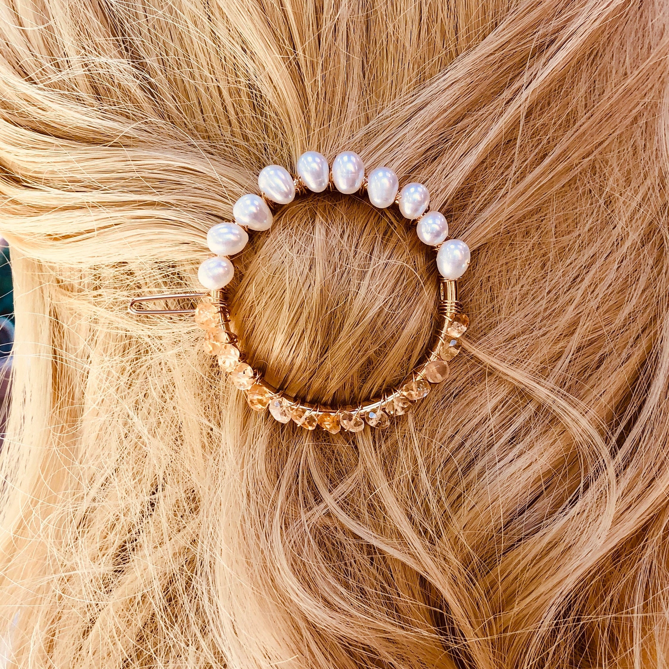 Gemstone and Pearl Hair Clip, 14k Gold Citrine and Pearl barrette, Gold Luxury Barrette, Gemstone Hair clip