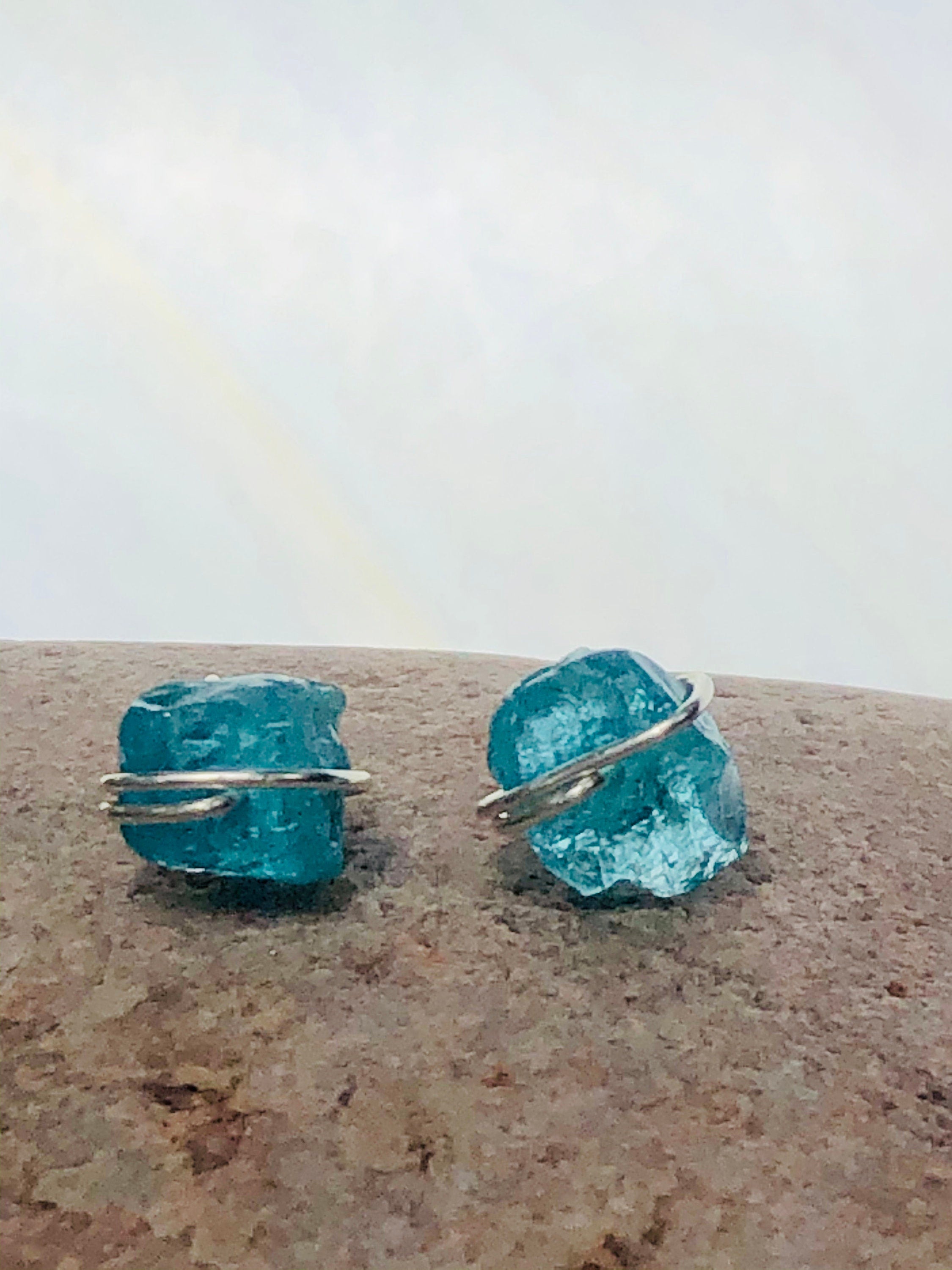 Organic Apatite Post Earrings, dainty raw Apatite stud earrings, artisan Apatite earrings
