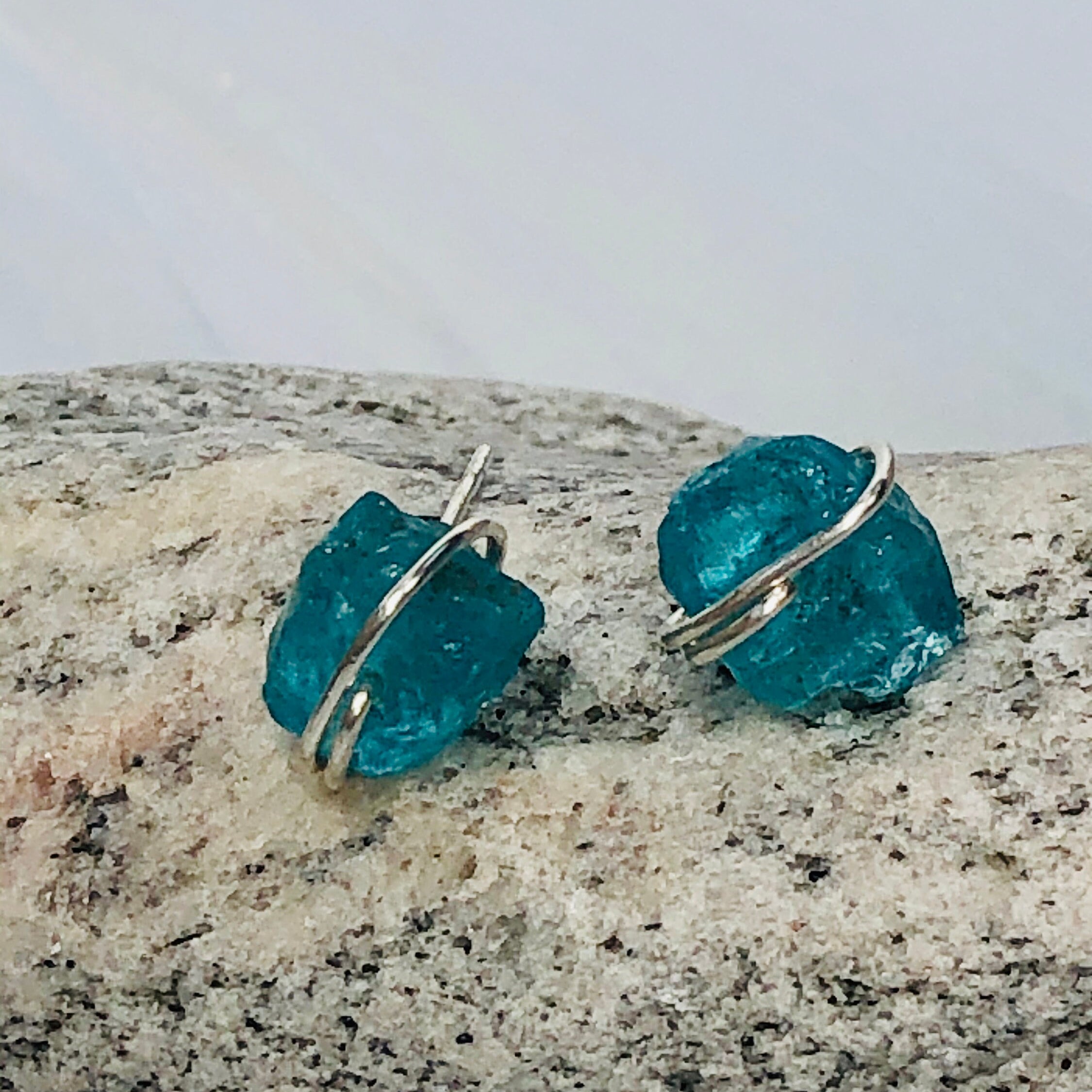 Organic Apatite Post Earrings, dainty raw Apatite stud earrings, artisan Apatite earrings