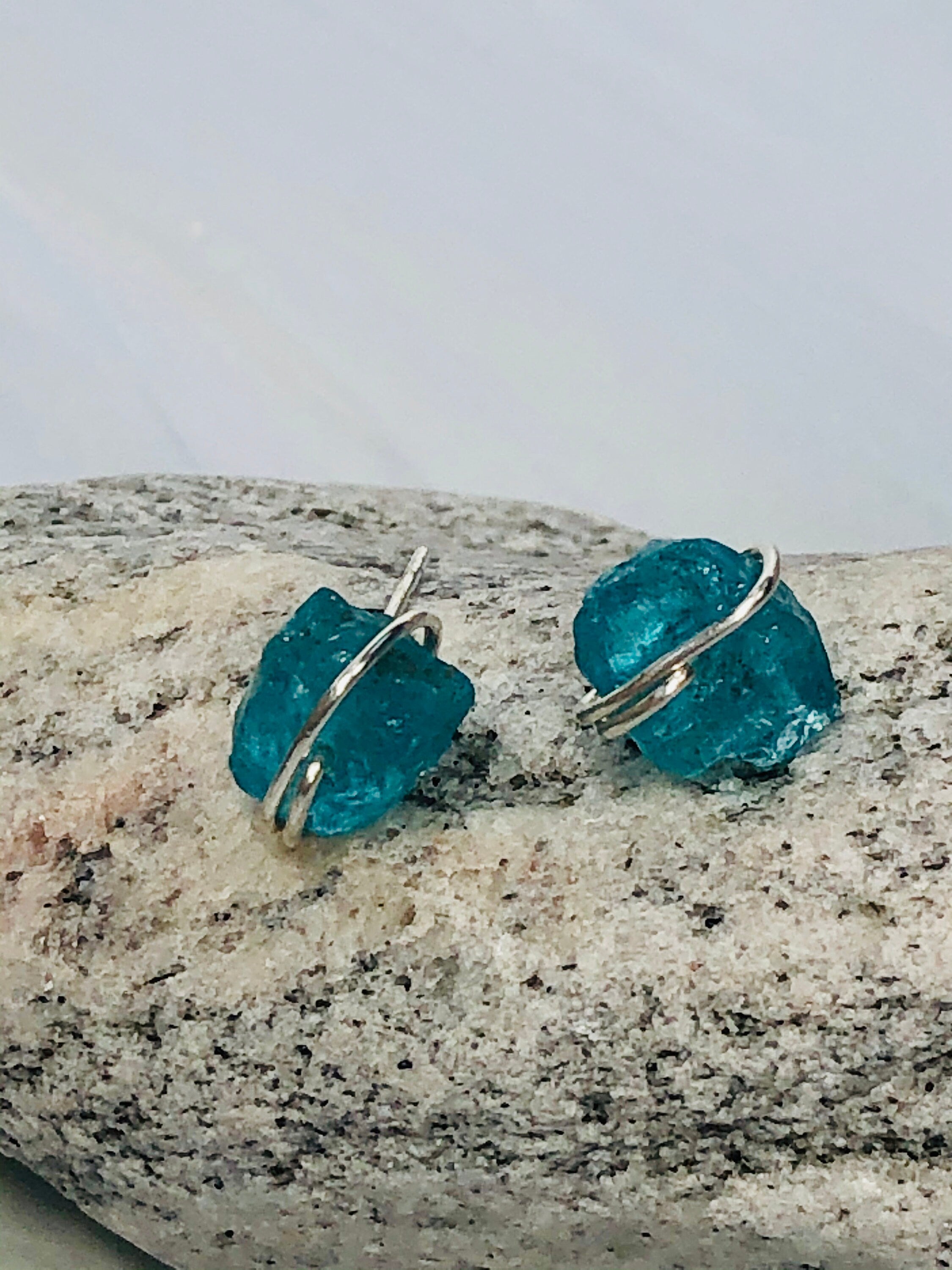 Organic Apatite Post Earrings, dainty raw Apatite stud earrings, artisan Apatite earrings