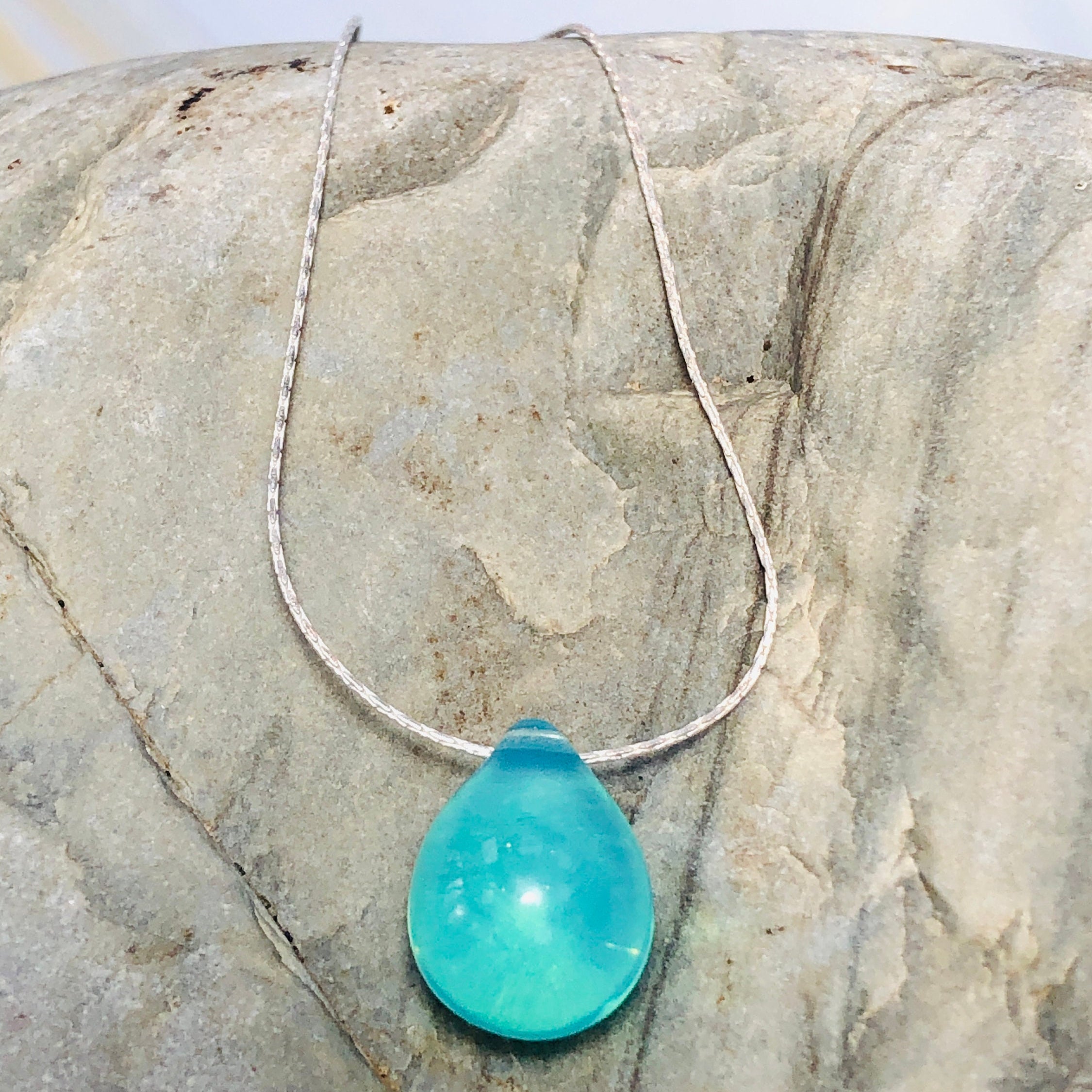 Drop of Rain Solitaire Necklace, Sterling Silver Aqua Art glass Necklace