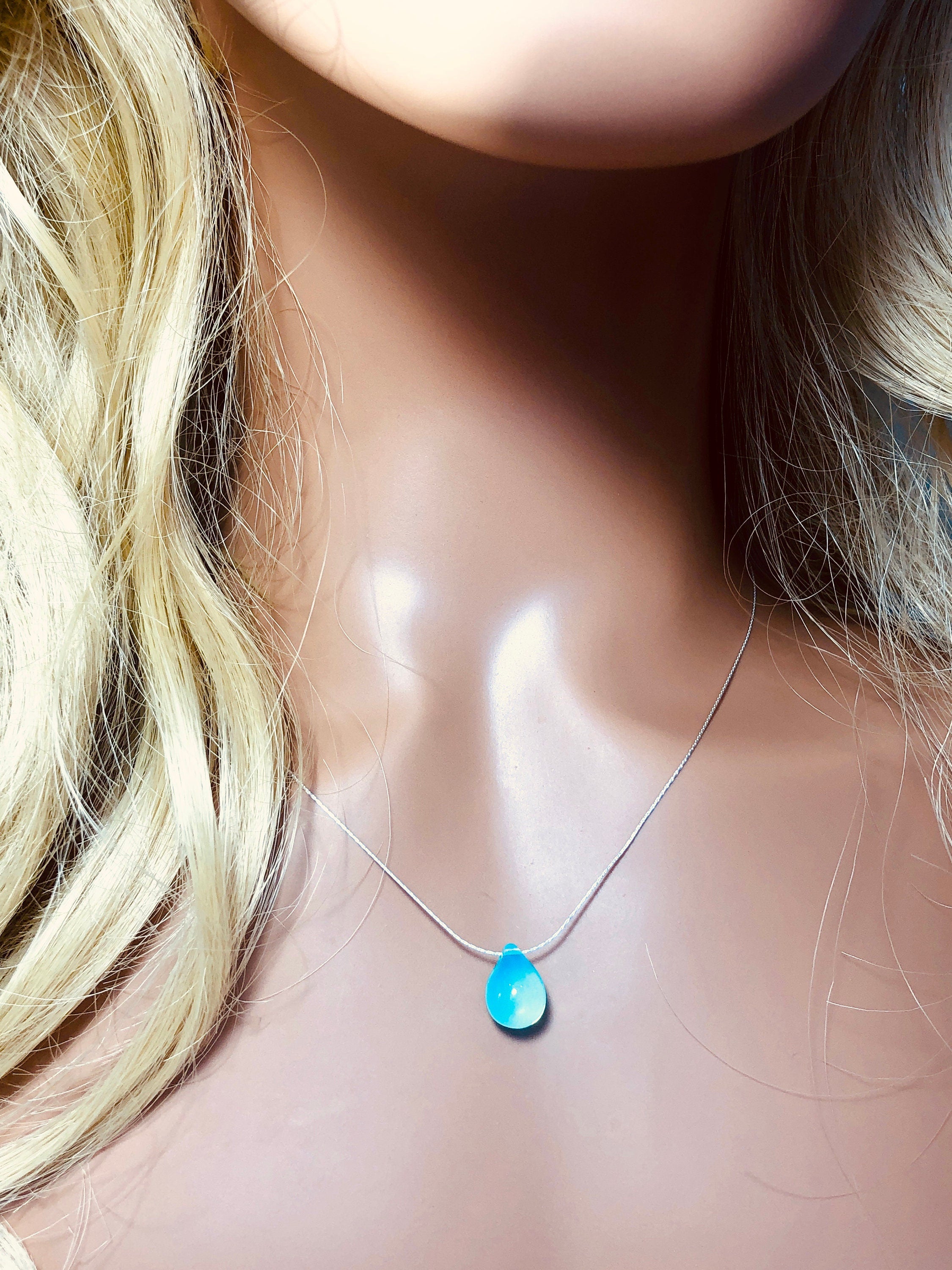 Drop of Rain Solitaire Necklace, Sterling Silver Aqua Art glass Necklace