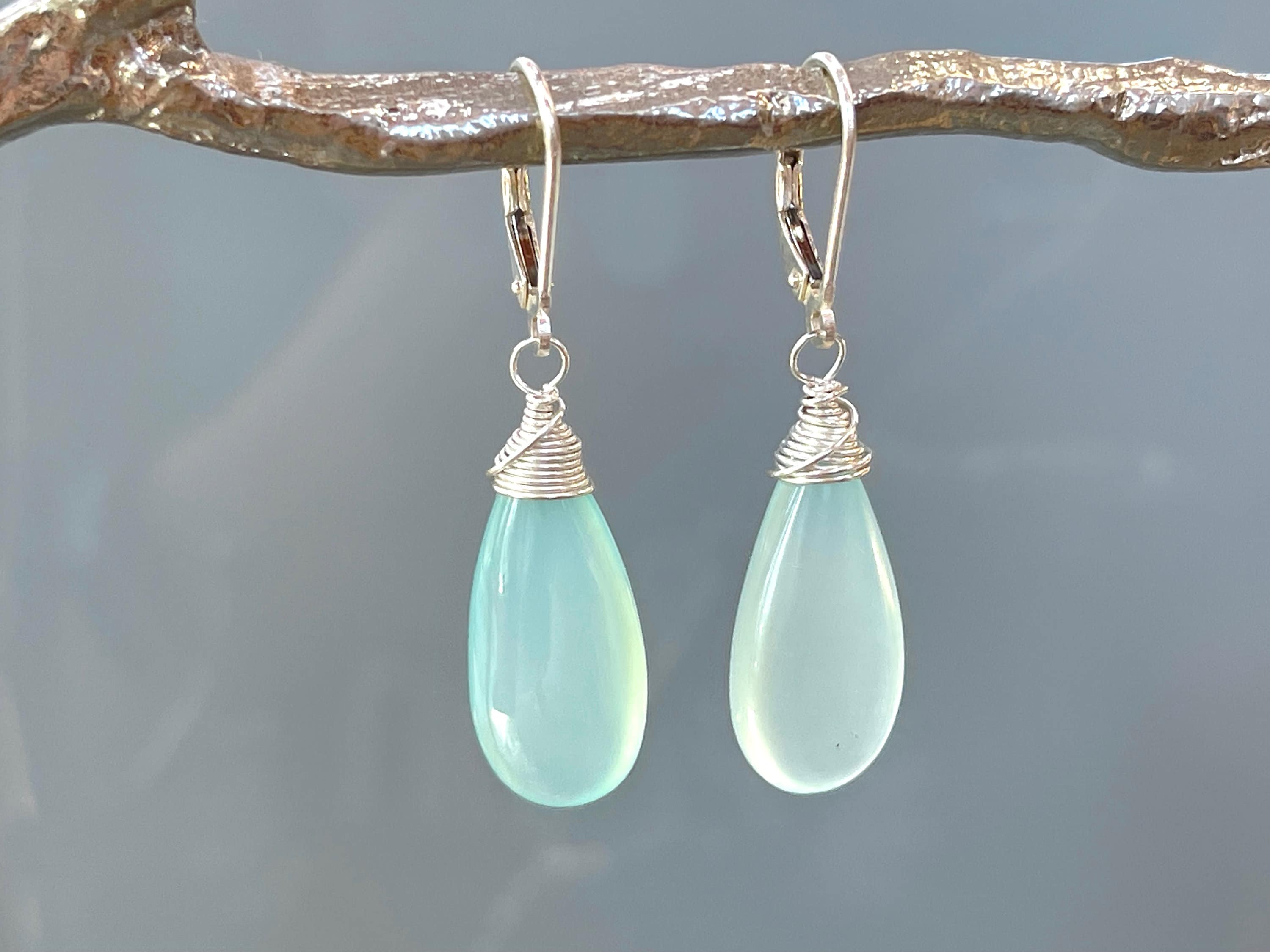 Aqua Chalcedony Earrings dangle, Long elegant spring earrings