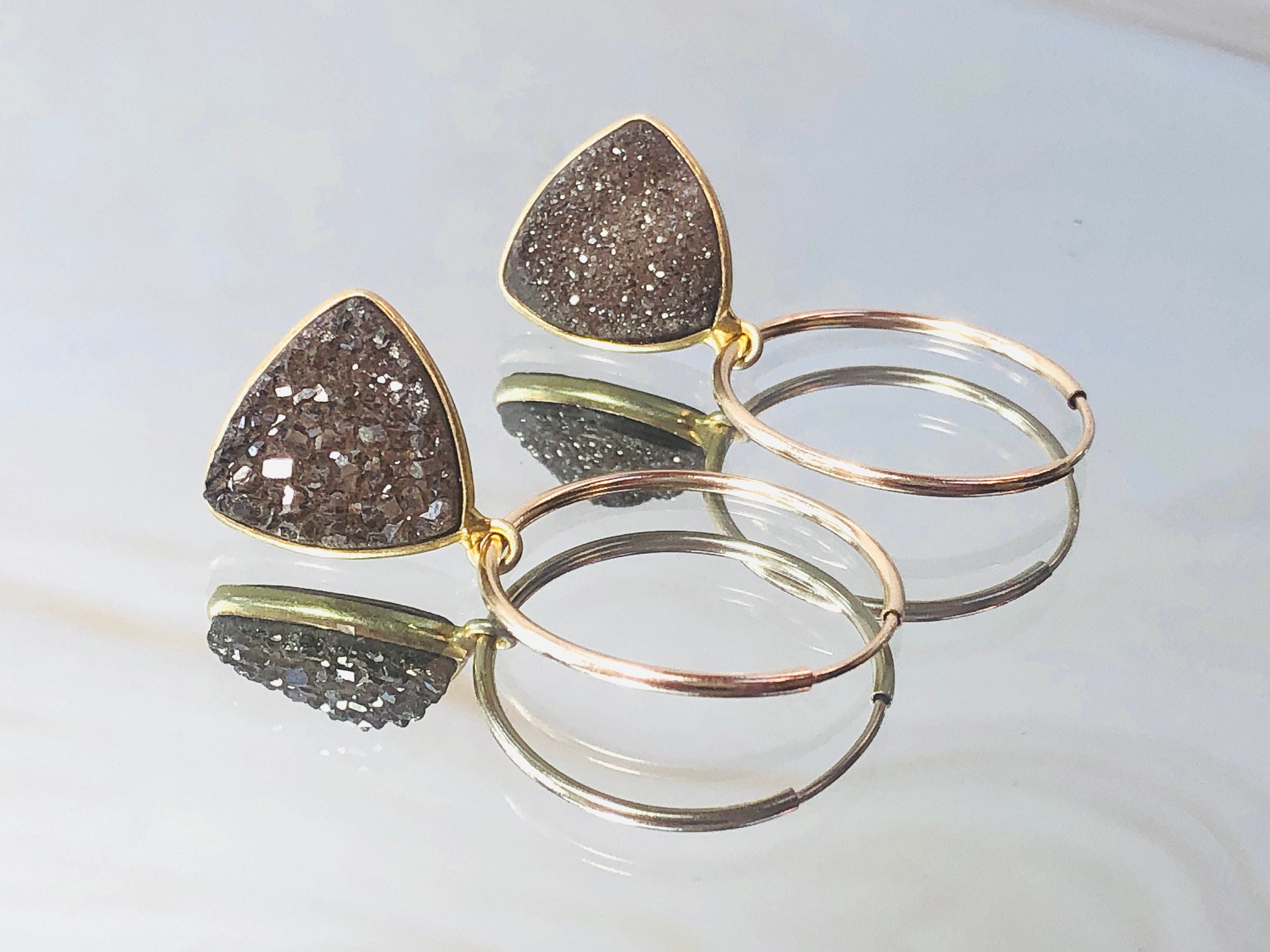 Sparkling Druzy Hoop Earrings Minimalist Modern Druzy Hoops