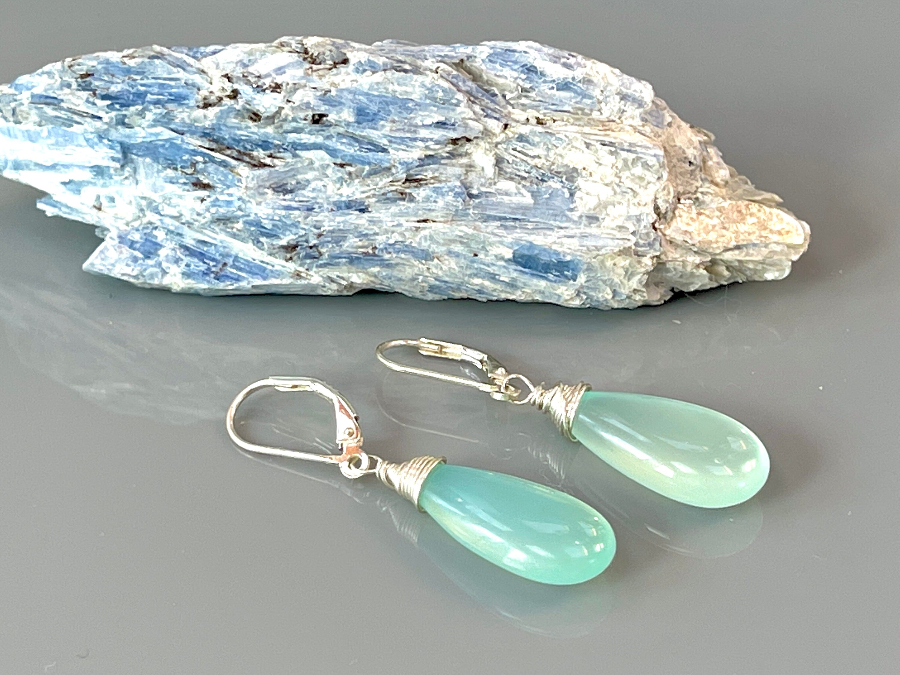 Aqua Chalcedony Earrings dangle, Long elegant spring earrings