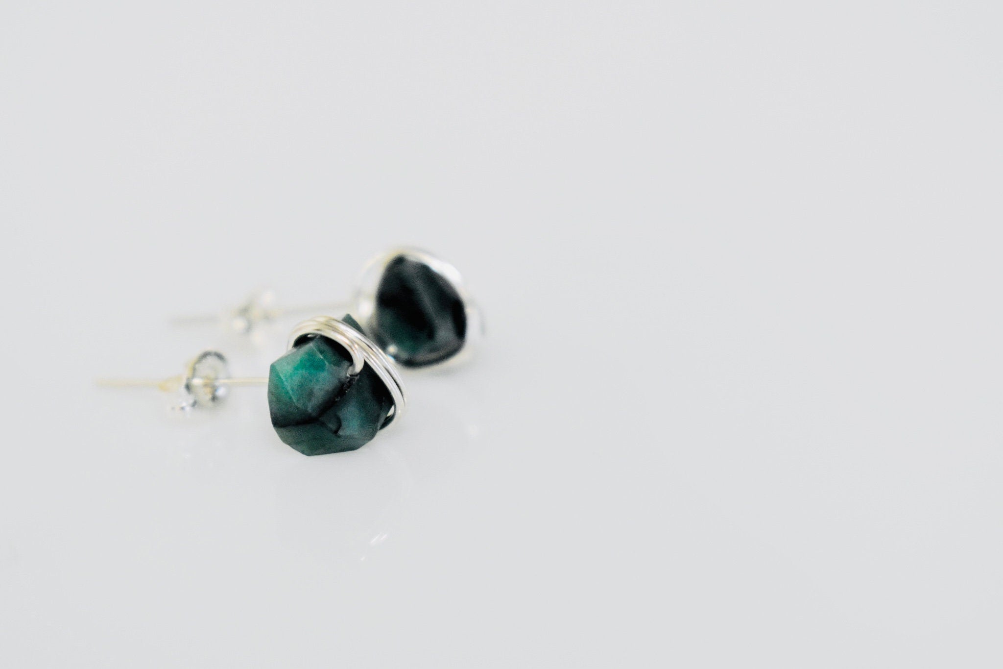 Raw Emerald Earrings Side View , Emerald Stud earrings minimalist dainty Organic handmade jewelry post earrings, raw gemstone earrings gift for wife