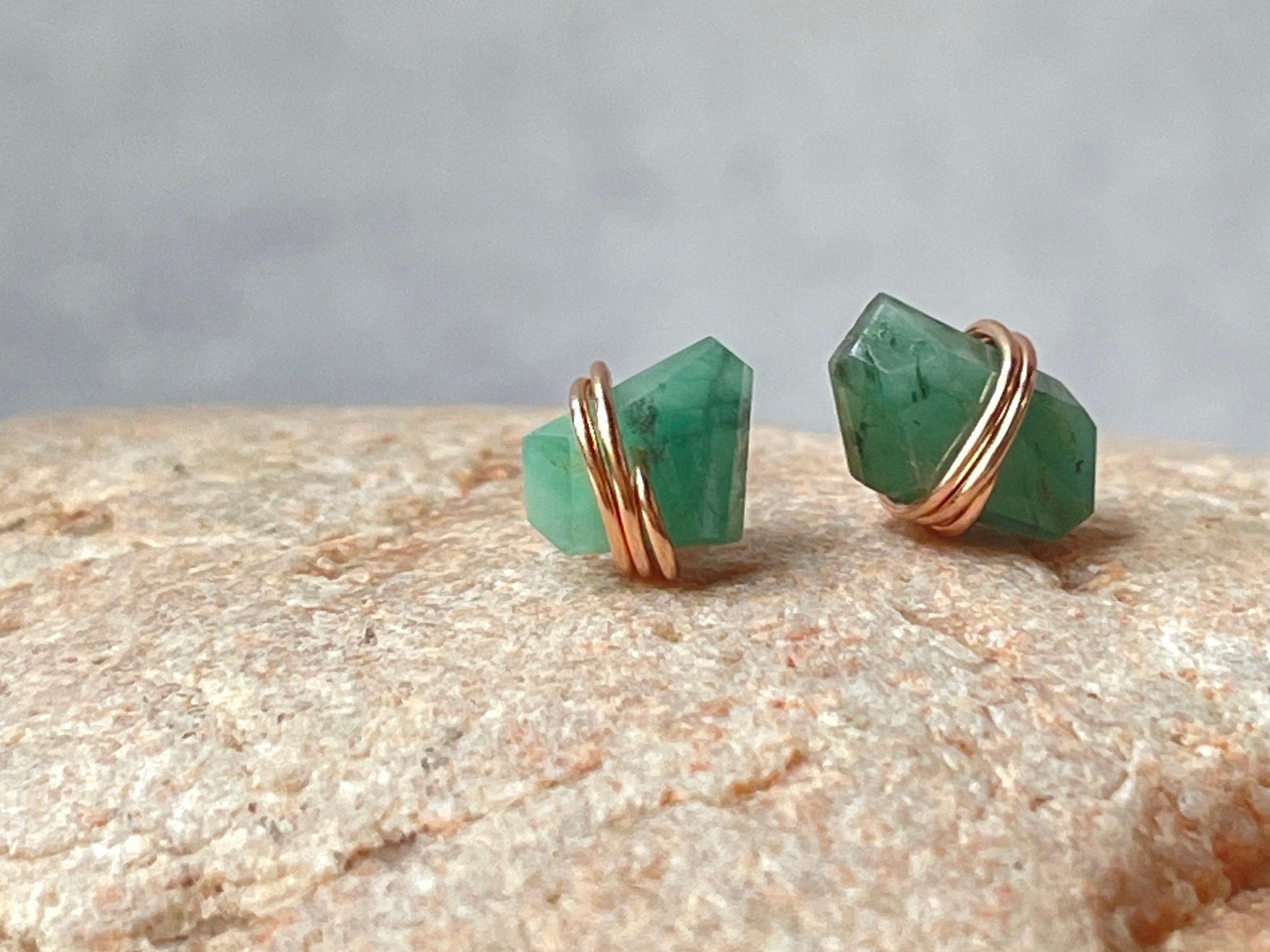 Raw Emerald Earrings Rose gold Emerald Stud earrings minimalist dainty Organic handmade jewelry post earrings, raw gemstone earrings gift for wife