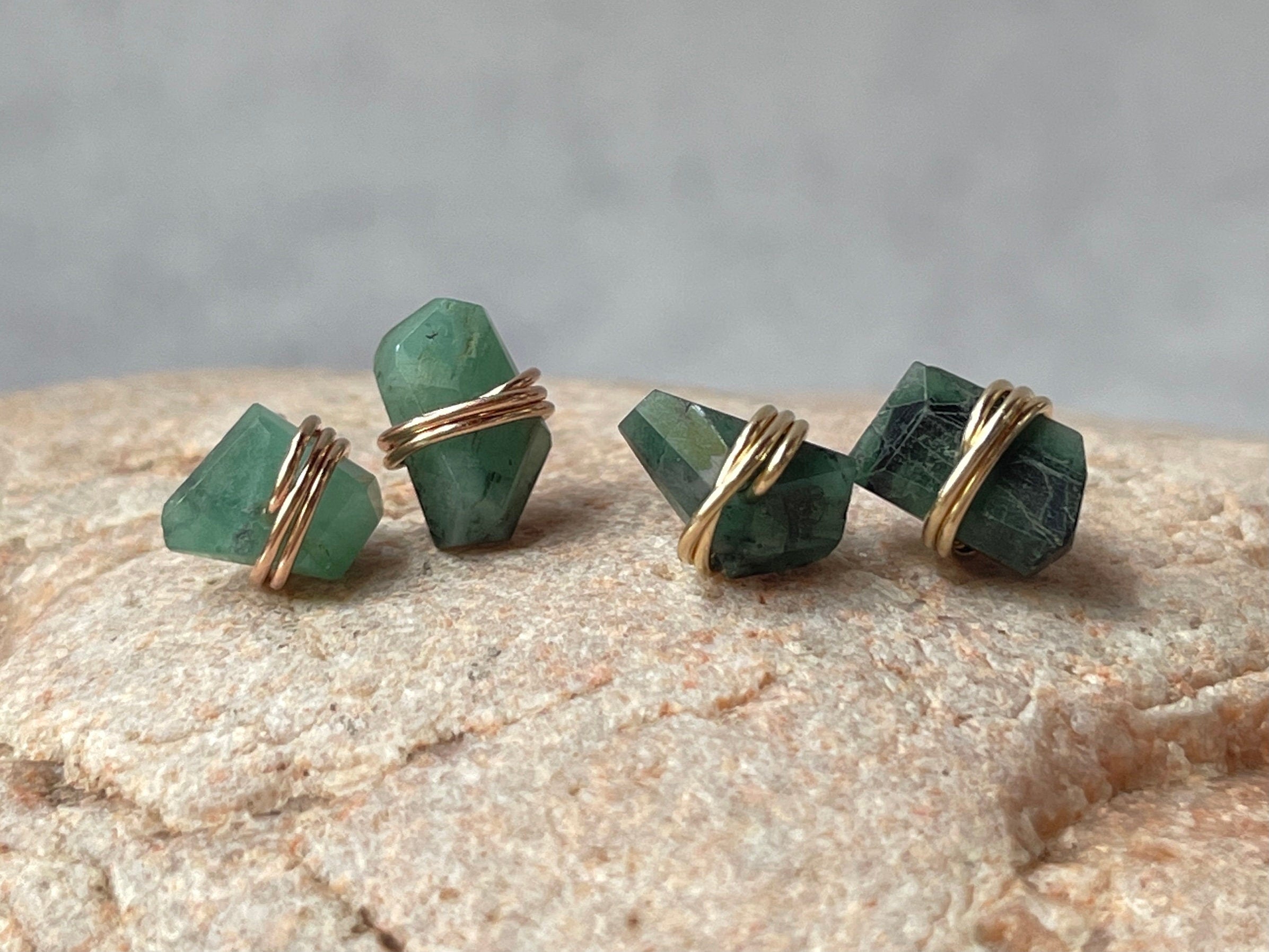 Raw Emerald Earrings, 14k Gold Fill Emerald Stud earrings minimalist dainty Organic handmade jewelry post earrings, raw gemstone earrings gift for wife