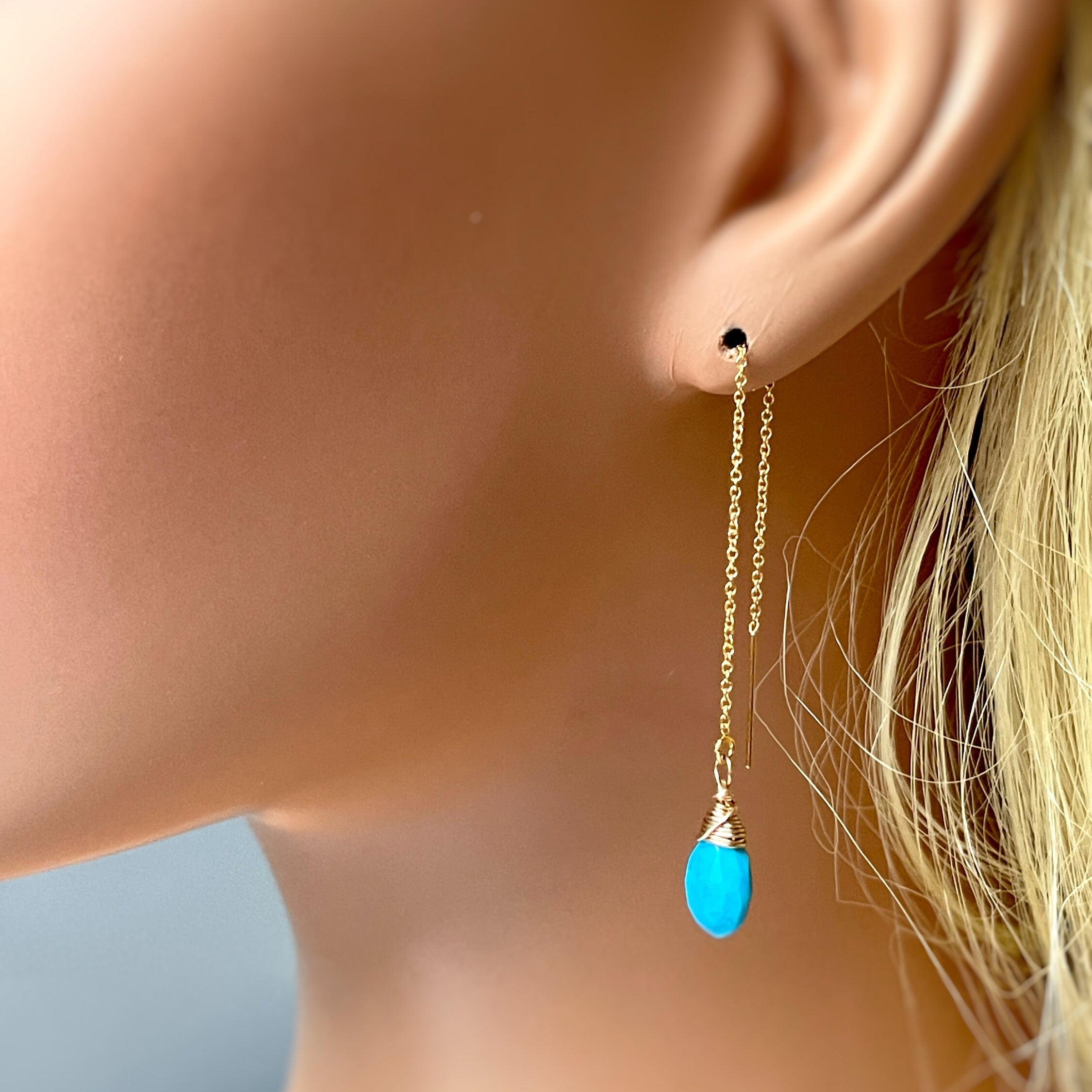 Turquoise Earrings Gold Turquoise Dangle Earrings Ear Threaders Boho Gold Fill Handmade Gemstone dangle earrings Turquoise Threaders