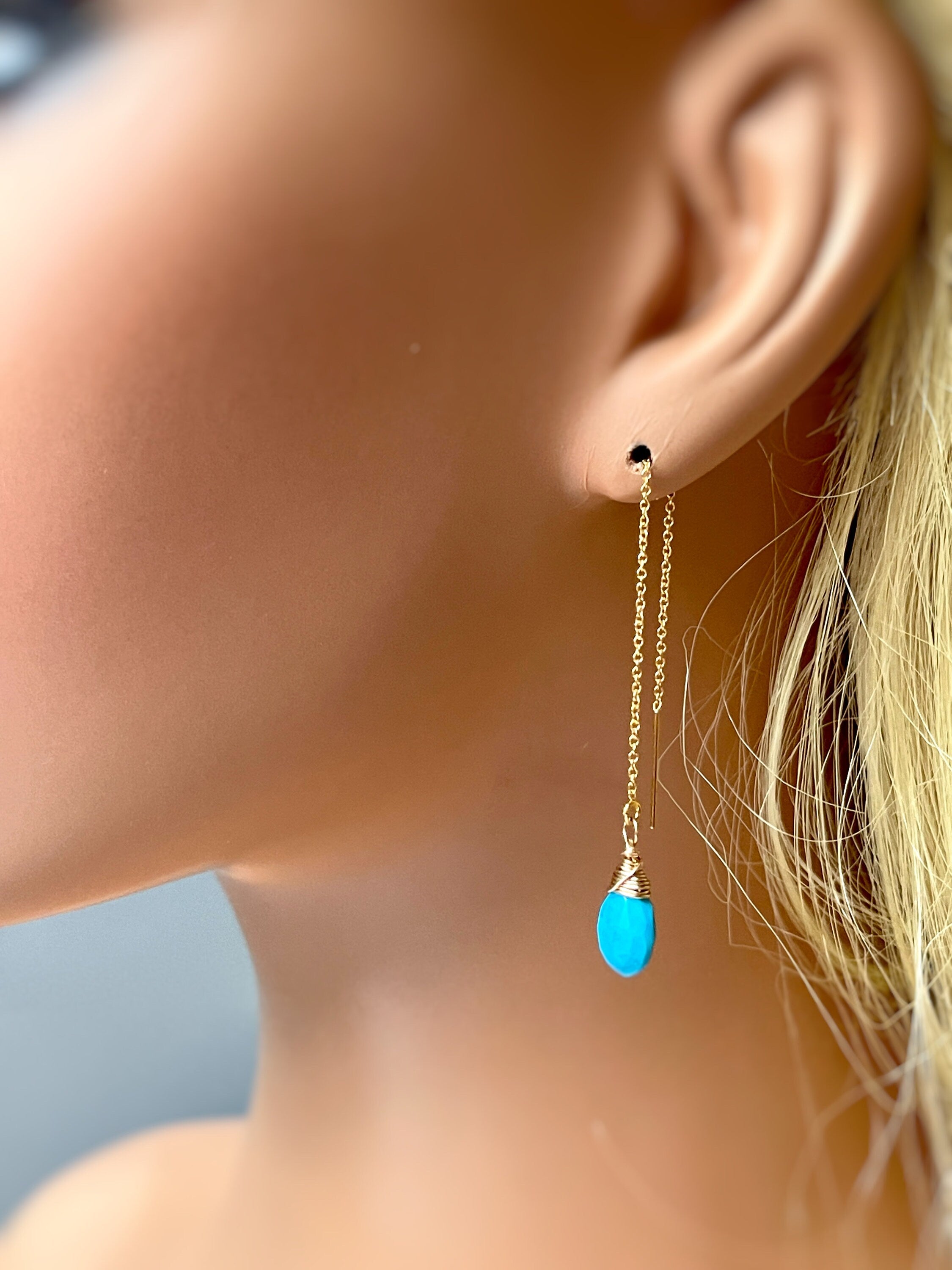 Turquoise Earrings Gold Turquoise Dangle Earrings Ear Threaders Boho Gold Fill Handmade Gemstone dangle earrings Turquoise Threaders