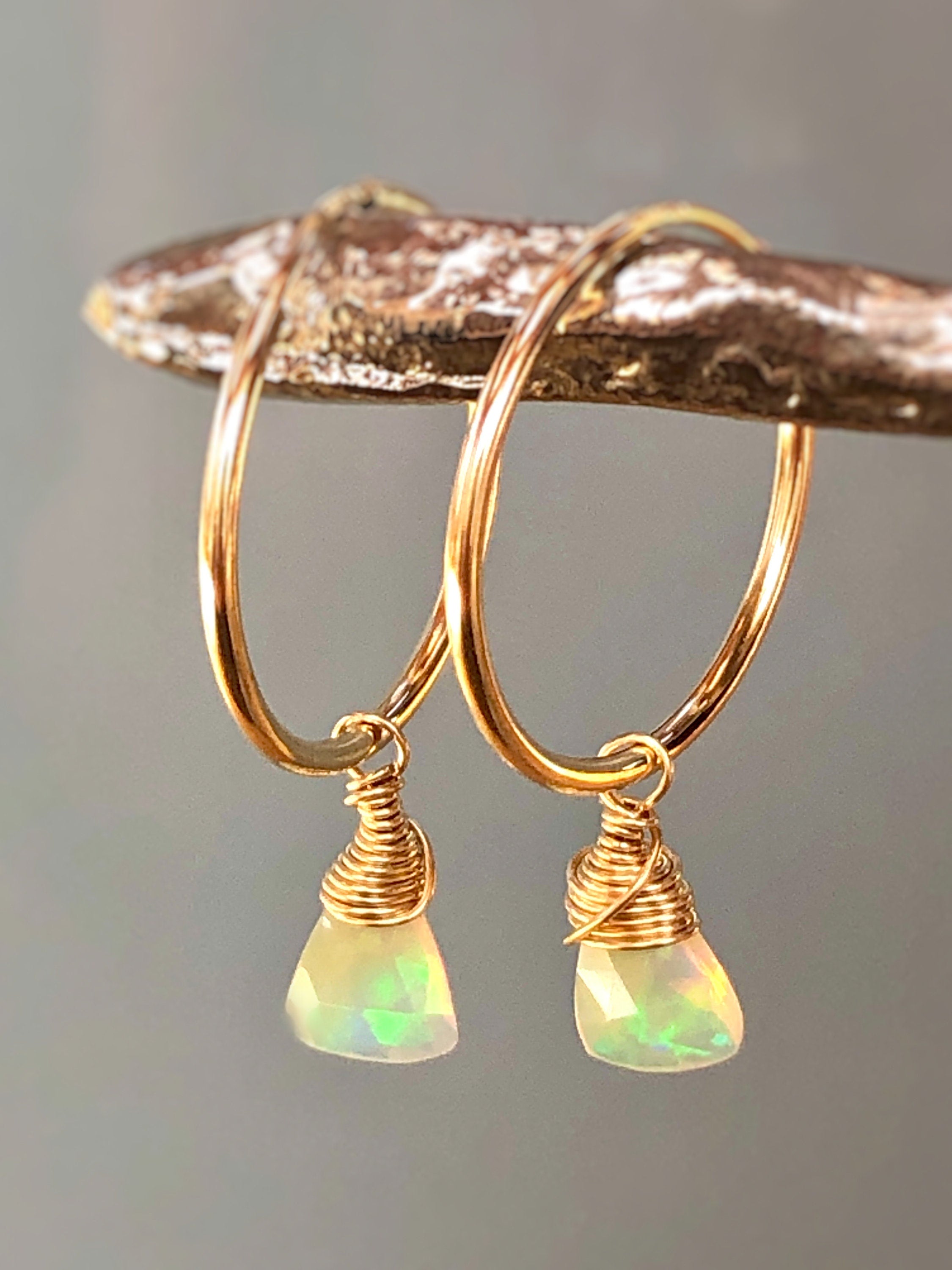 Gold Opal Hoop earrings 14k Gold Fill Dangly