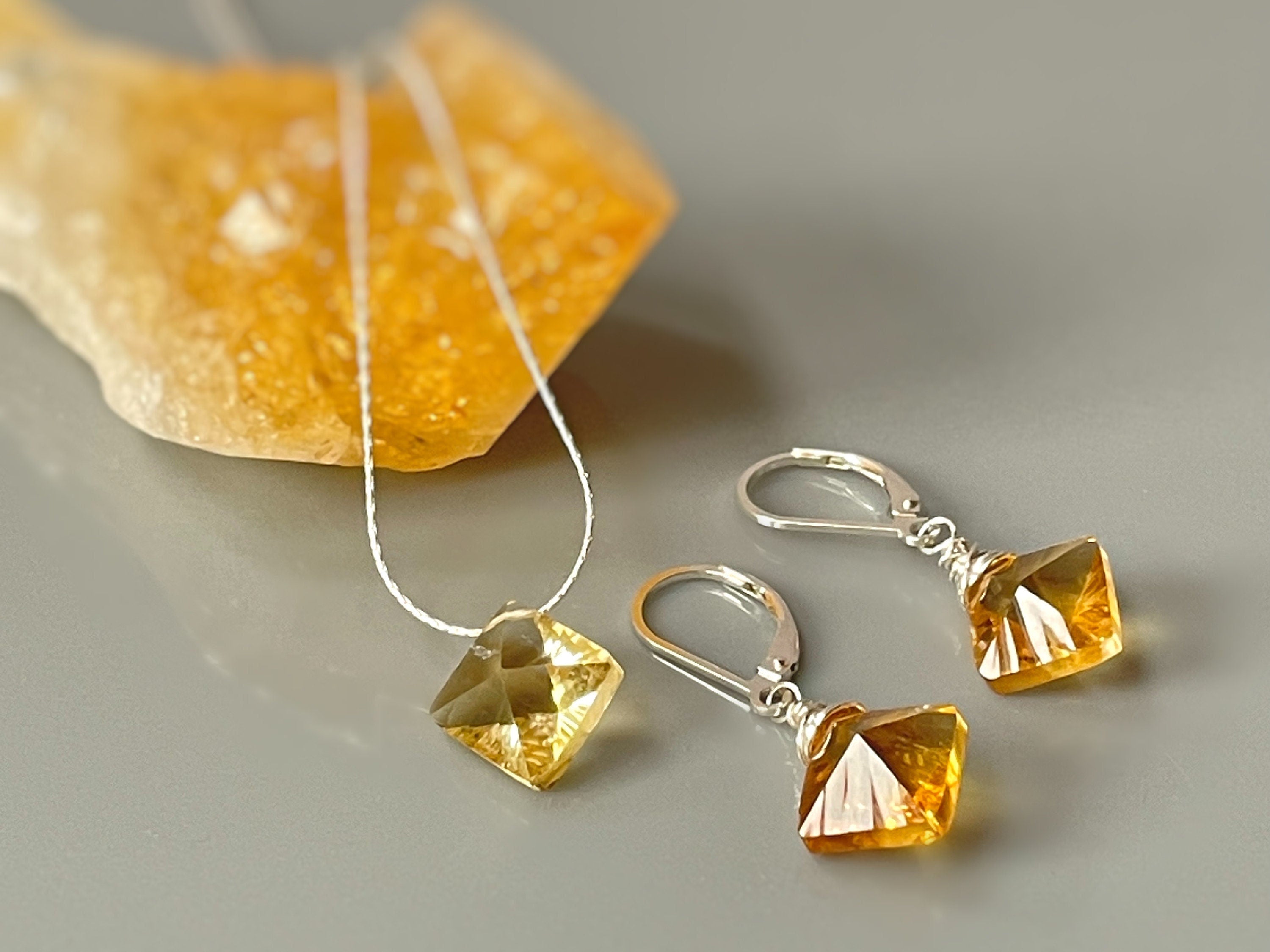 Citrine Jewelry Set Earrings, Necklace Sterling Silver Star