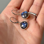 Handmade Labradorite Dangle Earrings minimalist gemstone drop earrings in sterling silver in hand for scale