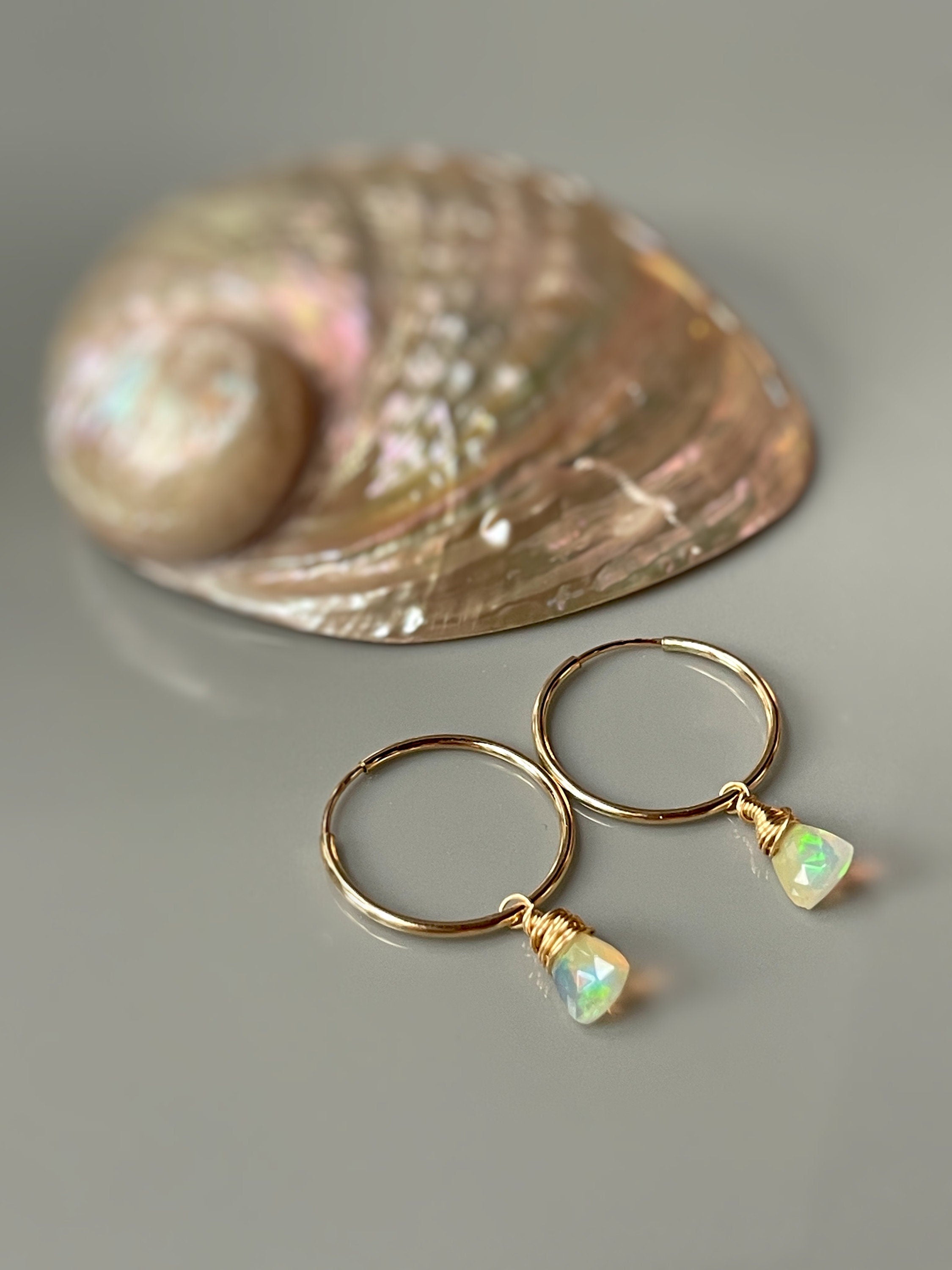 Gold Opal Hoop earrings 14k Gold Fill Dangly