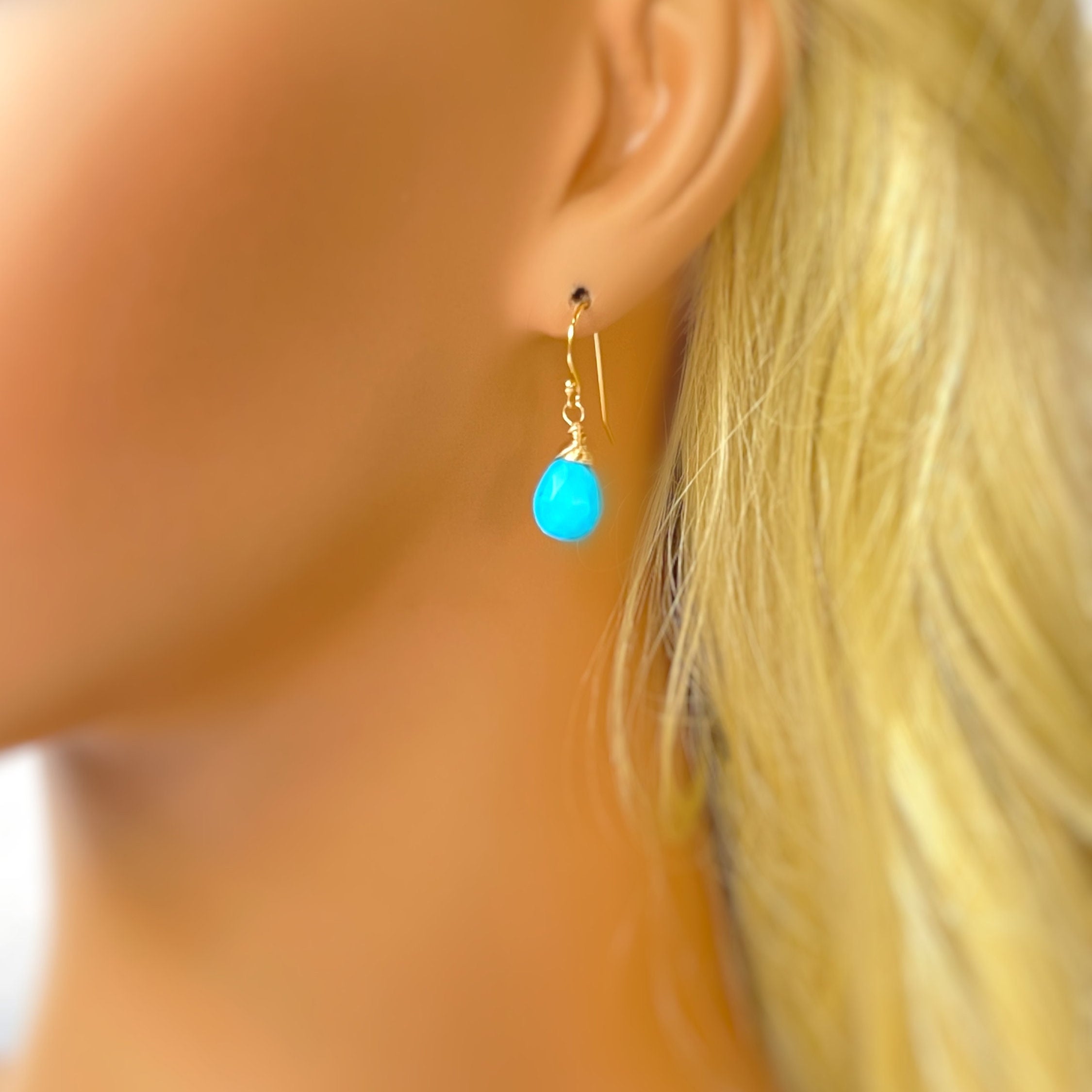 Dainty Turquoise Earrings 14k Gold, Sterling Silver, Rose Gold tear drop